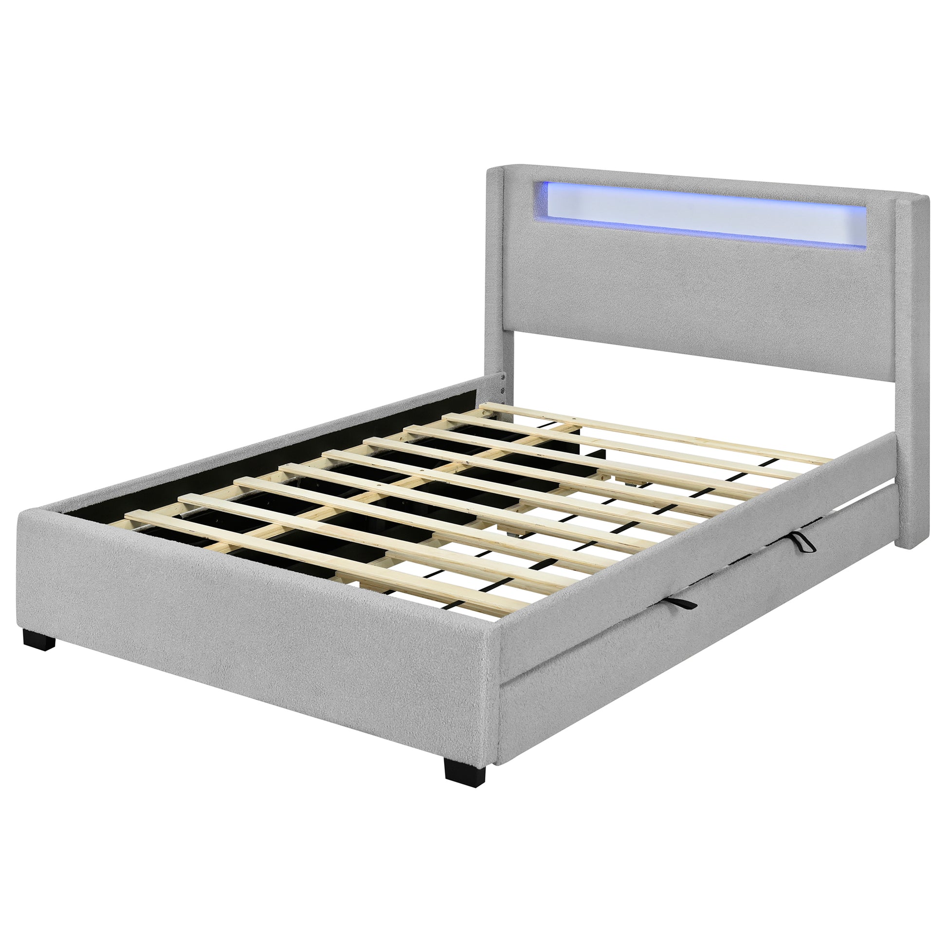 Queen Size Upholstered Platform Bed With Led Frame, With Twin Xl Size Trundle And 2 Drawers, Teddy Fleece, Gray Gray Fleece