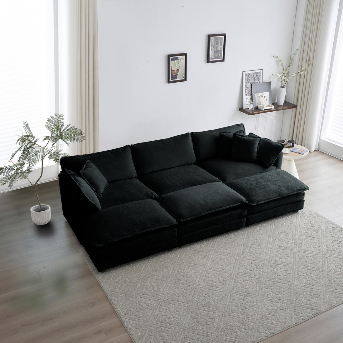 Comfortable Deep Seat Reversible Modular 6 Seater Sectional Super Soft Sofa U Shaped Sectional Couch With 3 Ottomans, 3 Toss Pillows And 2 Arm Pillows Black Chenille 3 Seat