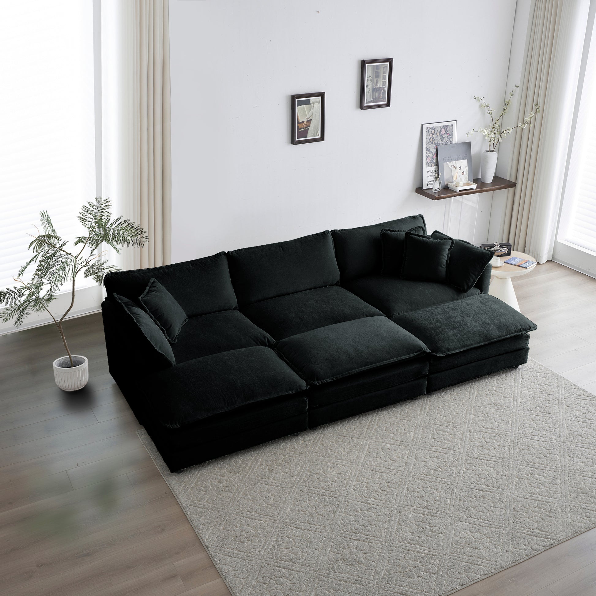 Comfortable Deep Seat Reversible Modular 6 Seater Sectional Super Soft Sofa U Shaped Sectional Couch With 3 Ottomans, 3 Toss Pillows And 2 Arm Pillows Black Chenille 3 Seat