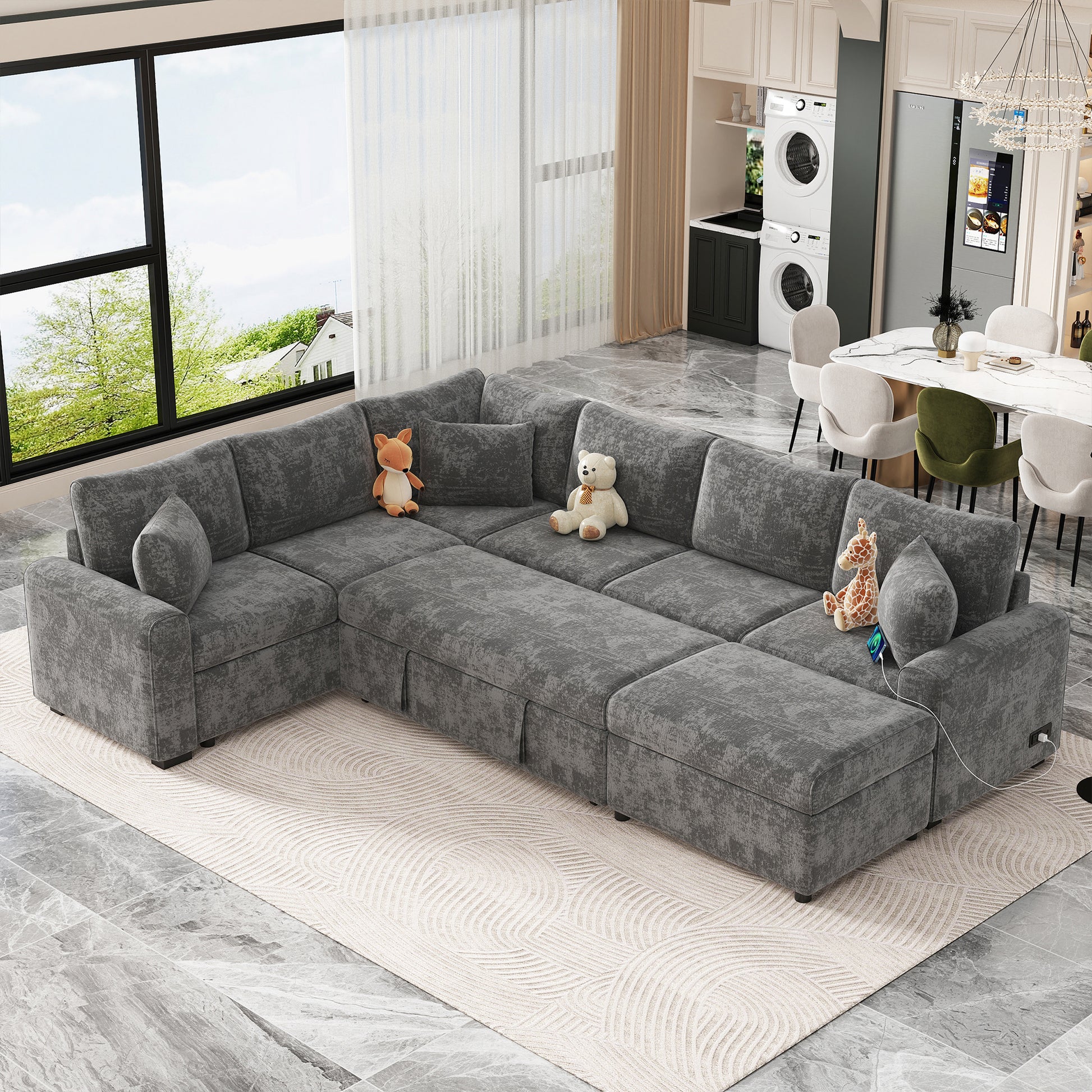 112.2" Sectional Sofa Pull Out Sofa Bed Sleeper With A Storage Ottoman,Three Pillows And Charging Devices For Living Room, Grey Grey Foam Chenille 6 Seat