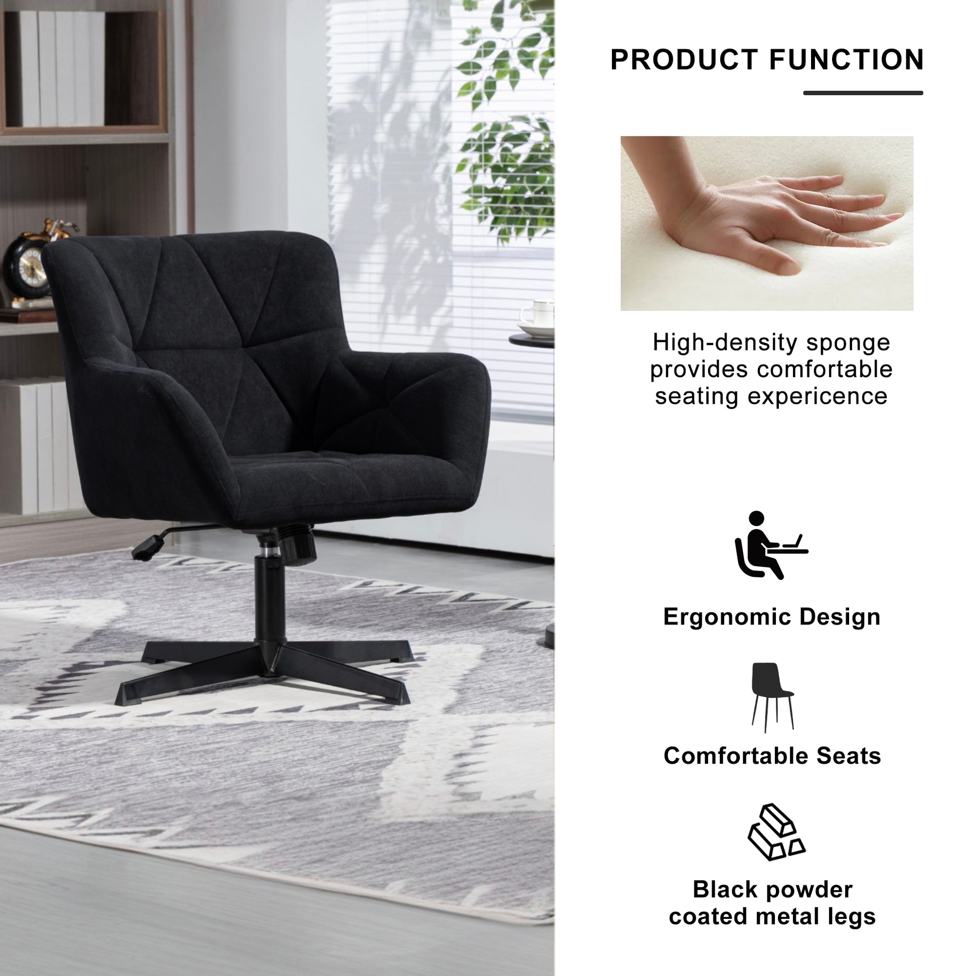 Modern Velvet Desk Chair Swirl Office Chair No Wheels Comfy Computer Task Chair Metal Legs Upholstered Accent Arm Chair For Living Room Bedroom Small Spaces Home Office, Black Black Bedroom Foam Velvet