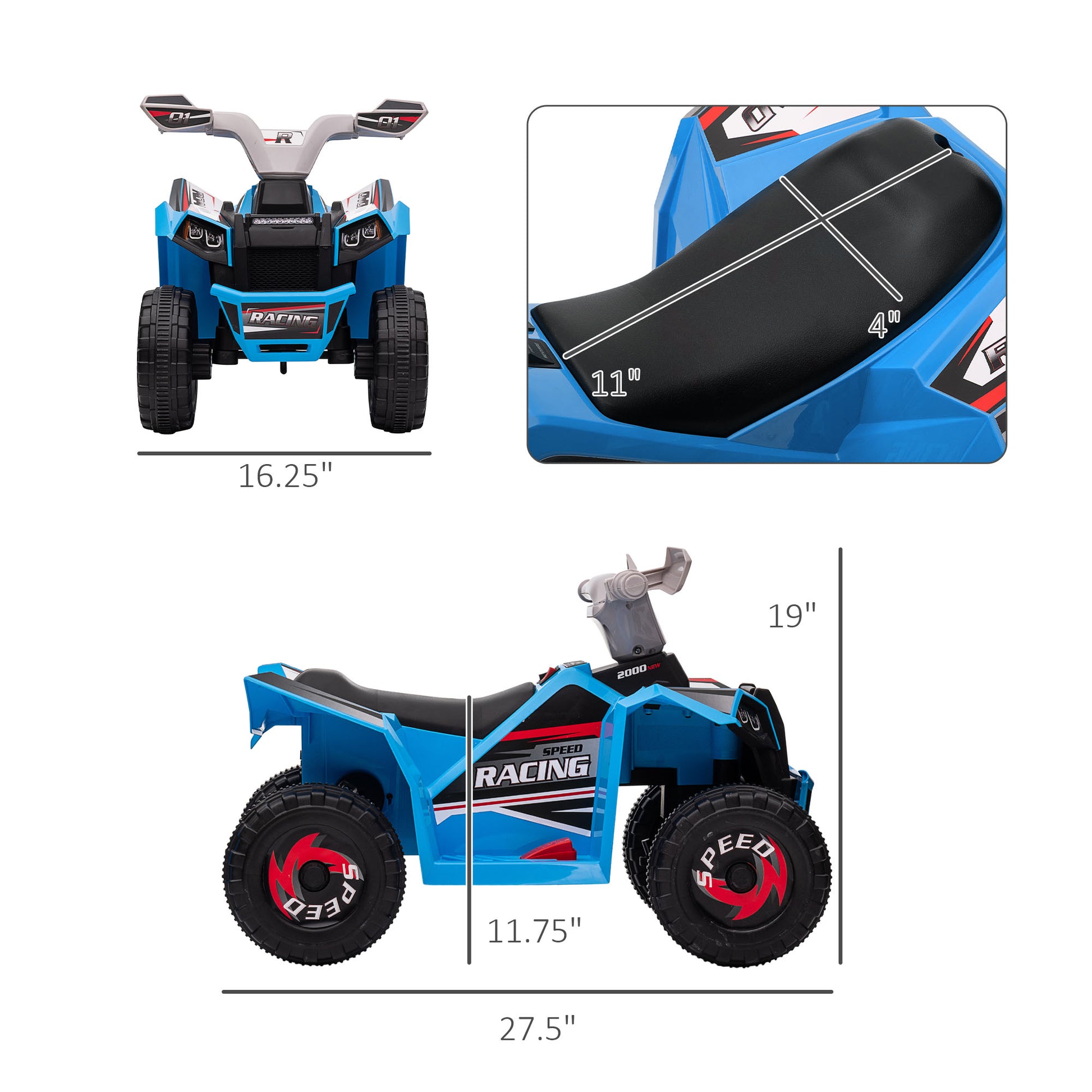 Aosom Kids Atv Quad Car, 6V Four Wheeler For Kids With Forward Backward Function, Wear Resistant Wheels For Toddlers Ages 18 36 Months, Blue Blue Plastic