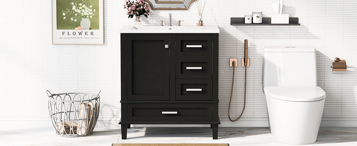 30" Bathroom Vanitymodern Bathroom Cabinet With Sink Combo Set, Bathroom Storage Cabinet With A Soft Closing Door And 3 Drawers, Solid Wood Frame Black Black Bathroom Solid Wood Mdf