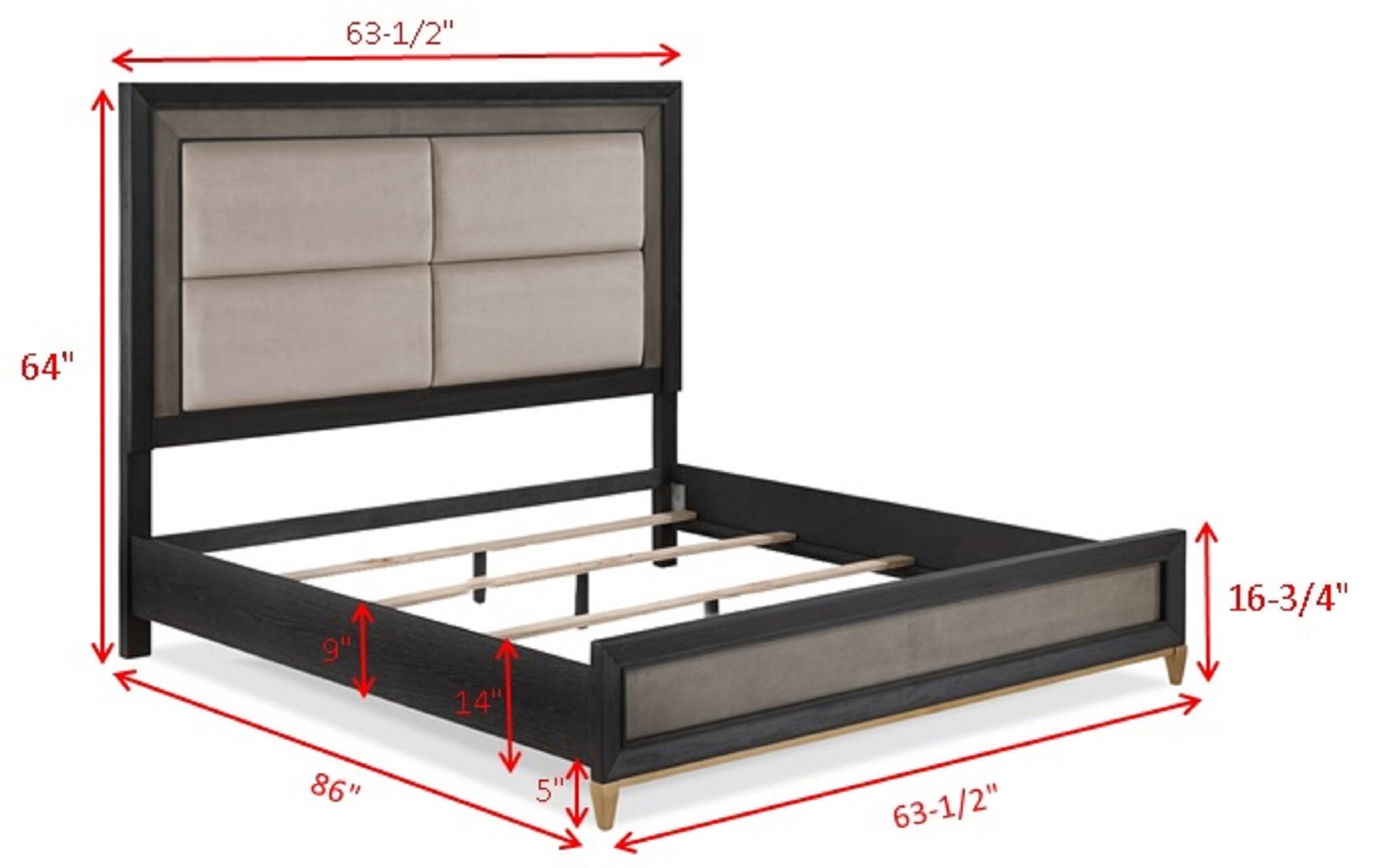 1Pc Queen Size Panel Bed Upholstered Headboard Black Brown Finish Gold Finish Legs Solid Wood Wooden Bedroom Furniture Box Spring Required Queen Black,Brown,Gold Wood Modern Panel Wood Fabric