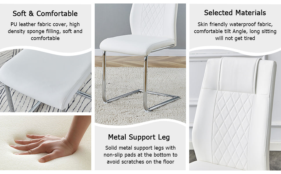 Table And Chair Set.Large Minimalist Rectangular Glass Dining Table For 6 8 With 0.39" Tempered Glass Tabletop And Silver Chrome Metal Legs.Paried With Comfortable Chairs With Pu Seats And Metal Legs. Silver Seats 8 Glass Metal