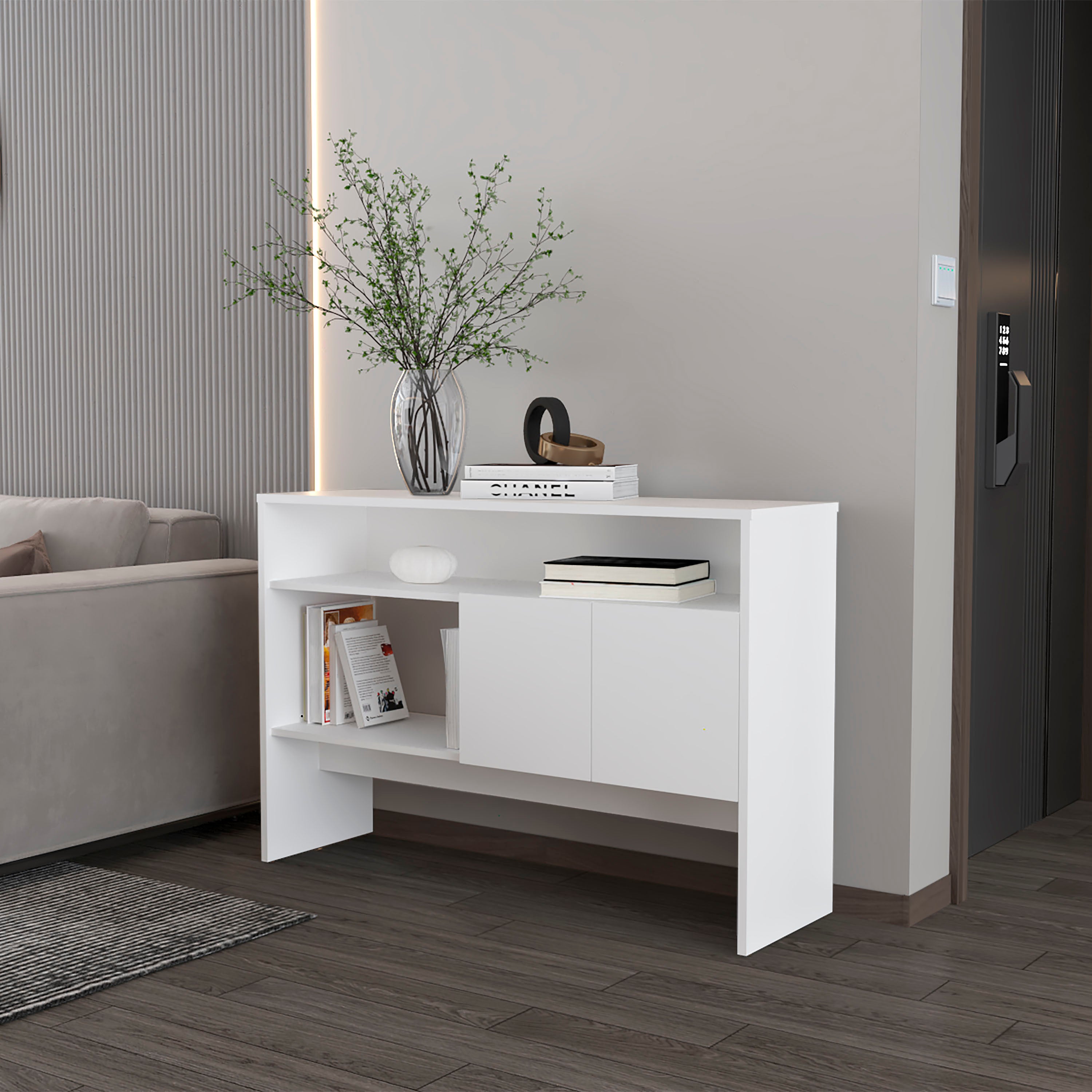Bylas Console Table In Melamine With Two Doors Y Open Storage, White W