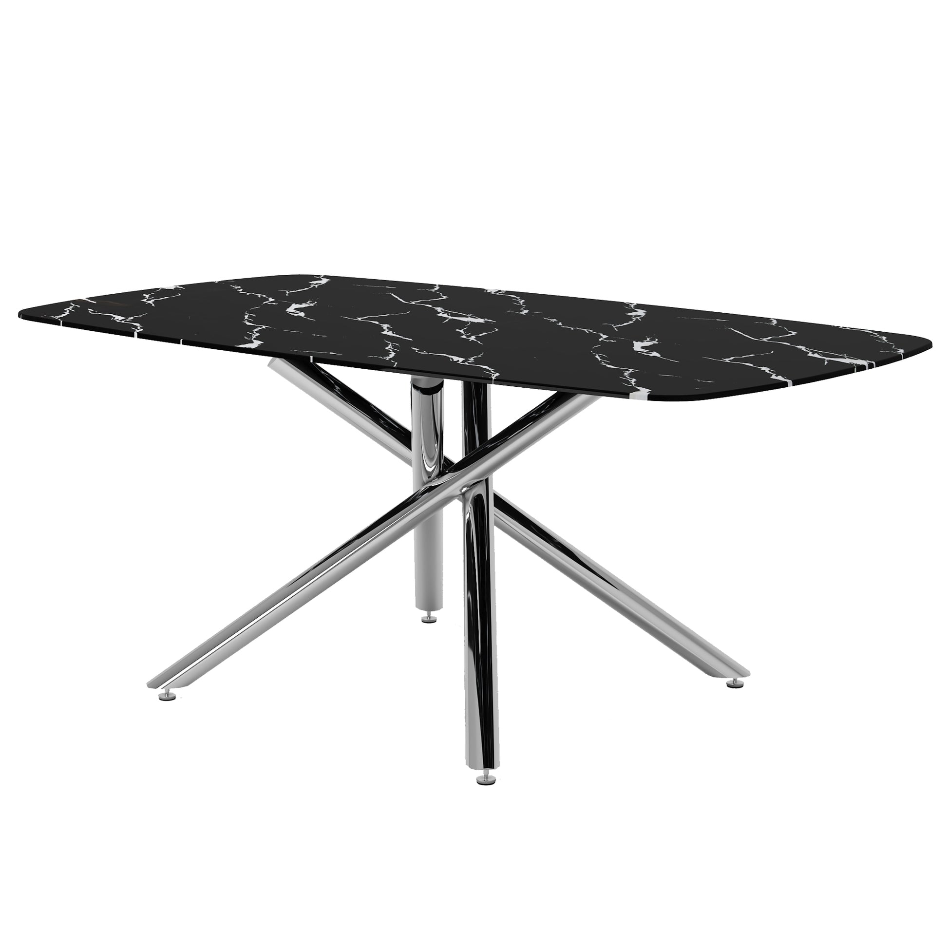 Table And Chair Set, Large Modern Minimalist Rectangular Dining Table, 0.39 "Imitation Marble Tabletop And Silver Metal Legs, Soft Leather Seats. F 1537 Silver Glass Metal