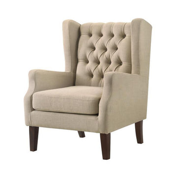 Keva 31 Inch Accent Chair, Deep Button Tufted Wingback, Soft Beige Fabric Beige Wood Fabric
