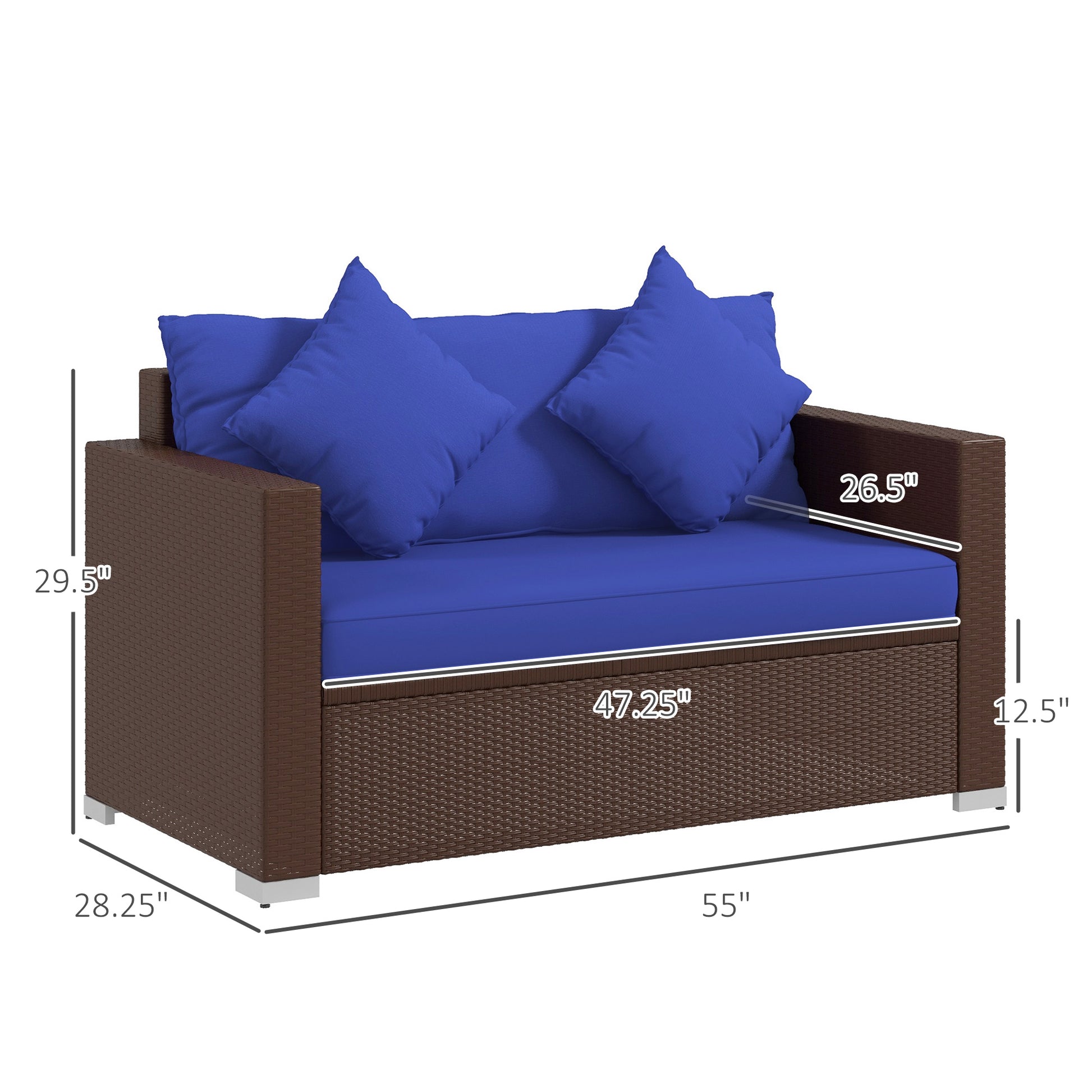 Outsunny Patio Wicker Loveseat With Cushions, 2 Seat Outdoor Pe Rattan Couch Sofa With Throw Pillows, For Porch, Backyard, Garden, Poolside, Blue Dark Blue Rattan Metal