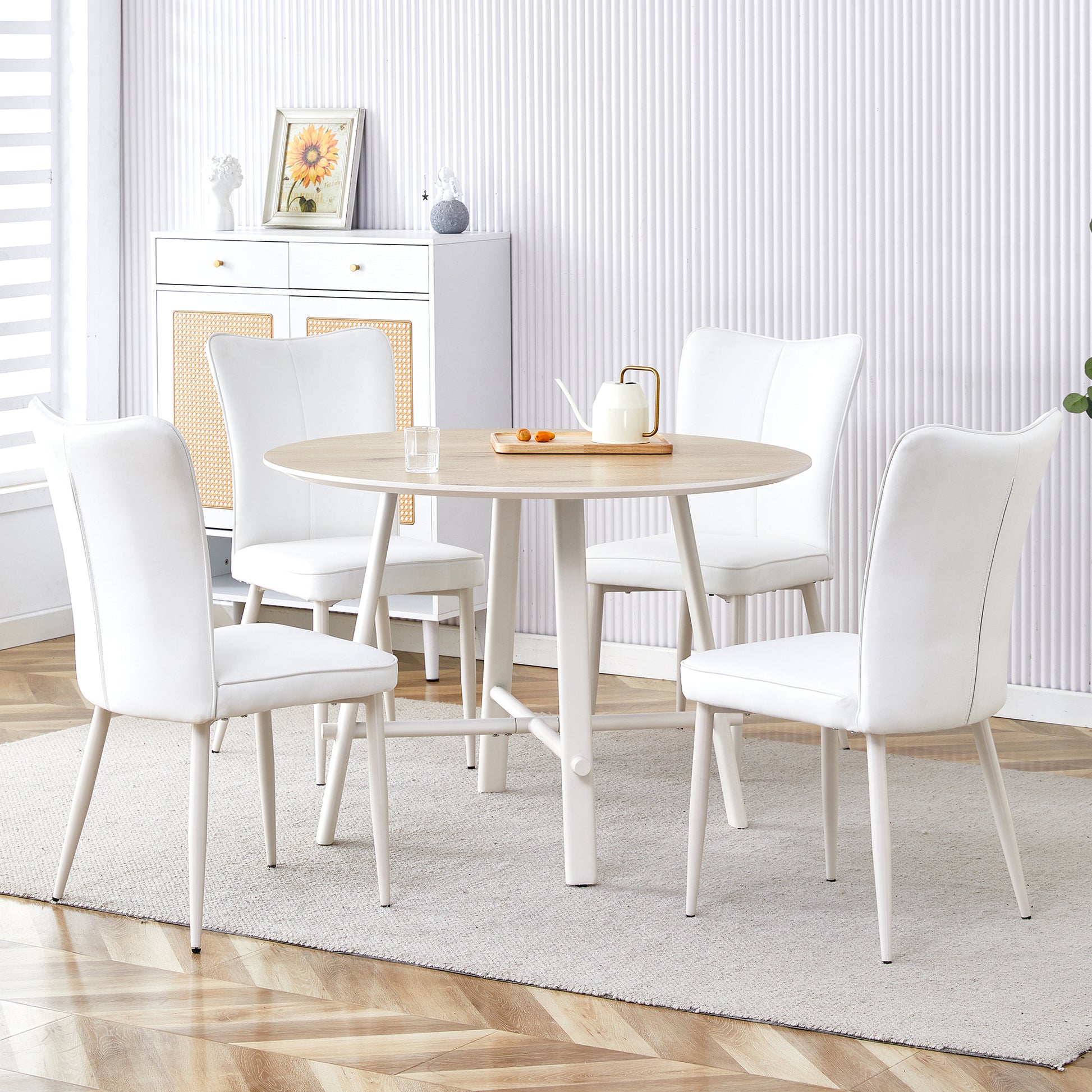Table And Chair Set, Mdf Desktop, White Metal Table Legs, Stable And Beautiful, Suitable For Most Styles Of Home. Modern Simple Dining Table, Comfortable Seating. White Seats 4 Mdf