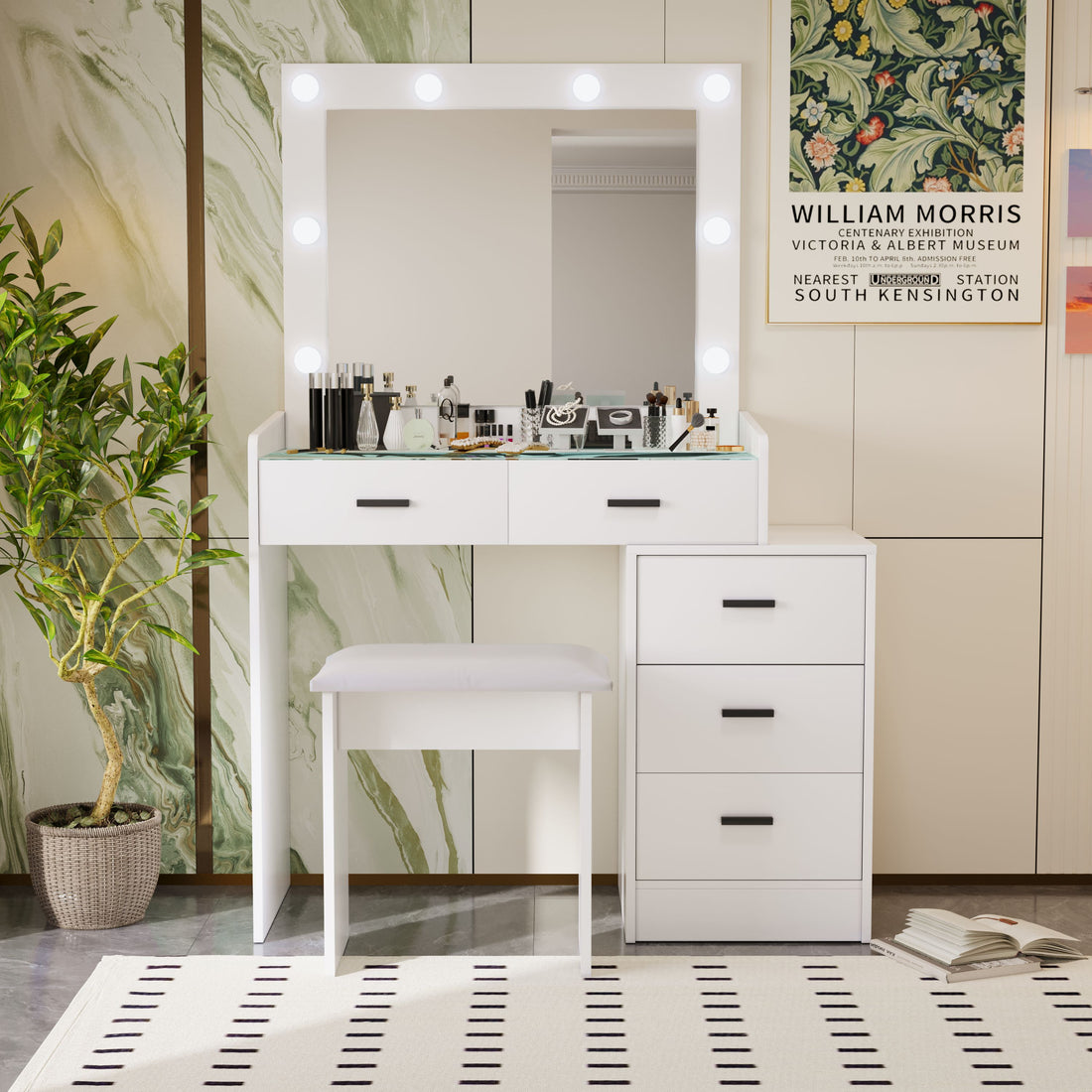 White Color Adjustable Dressing Table With 4 Drawers Matte White White Drawer 5 Drawers & Above Bedroom Extra Deep Drawers Modern 2 Or Less Poplar Mirror Included White Particle Board Mdf