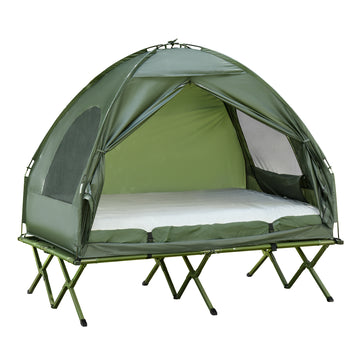 Outsunny 2 Person Foldable Camping Cot With Tent, Bedspread And Thick Air Mattress, 4 In 1 Elevated Camping Bed Tent For Outdoor Hiking, Picnic, Travel Dark Green Polyester