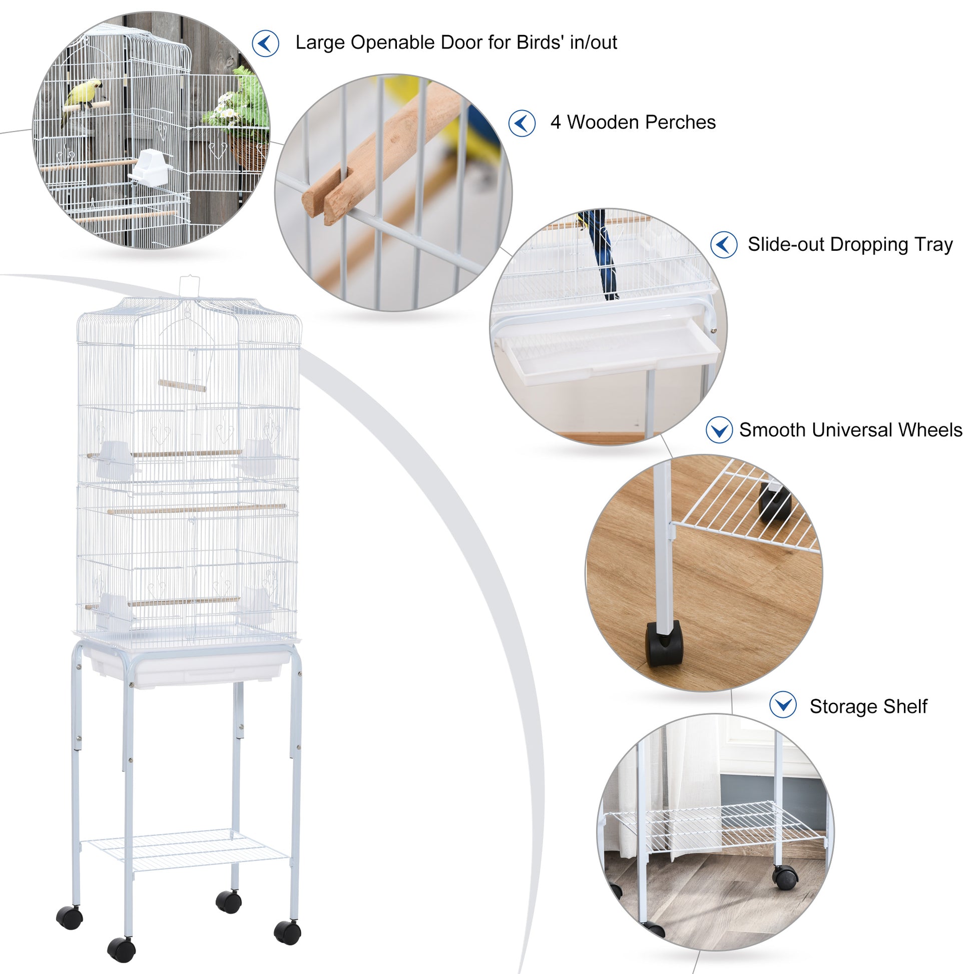 Pawhut 60" Metal Indoor Bird Cage Starter Kit With Detachable Rolling Stand, Storage Basket, And Accessories, White White Steel