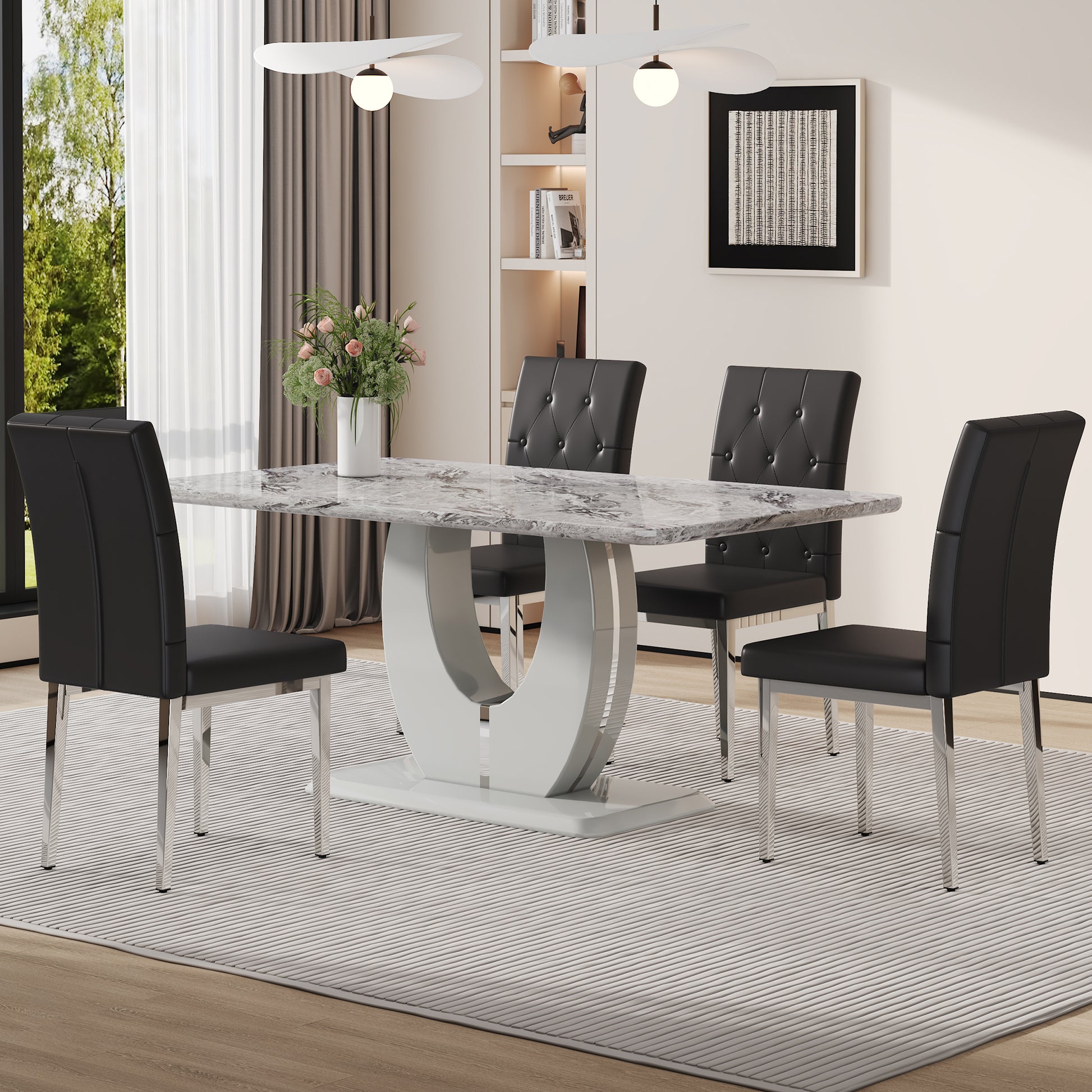 Table And Chair Set, Modern Minimalist Marble Textured Rectangular Dining Table. Suitable For Restaurants And Living Rooms. Soft Cushion Seats.F 1280 Gray Mdf