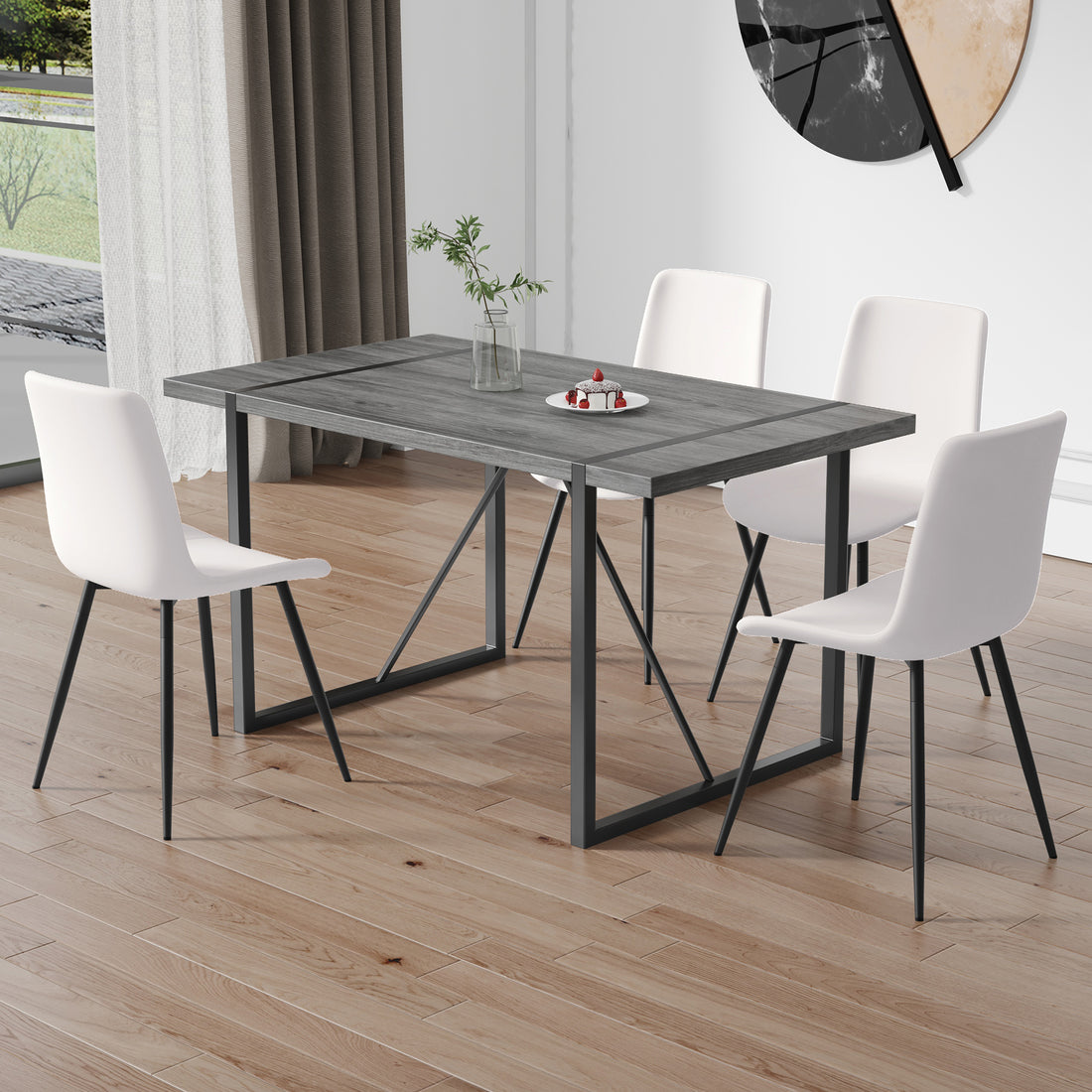 Table And Chair Set, Textured Top In Vintage Retro Grey Wood Grain Desktop, Black Metal Legs. Dining Chair With White Faux Leather Backrest Cushion With Black Metal Legs. Gray,Wood Seats 4 Mdf Metal