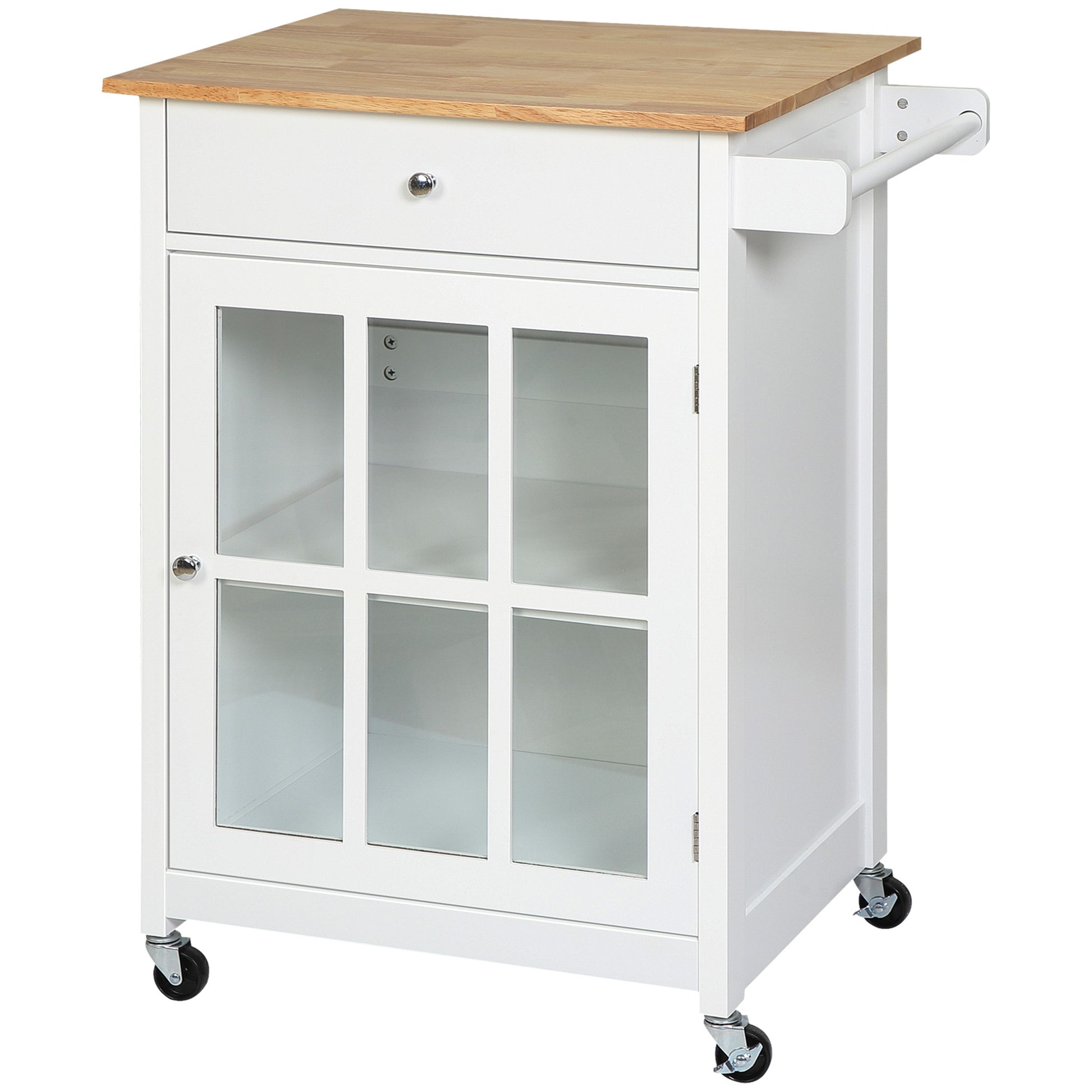 Homcom 27" Rolling Kitchen Island Cart With Drawer And Glass Door Cabinet, Kitchen Trolley With Adjustable Shelf And Towel Rack, White White Rubber Wood