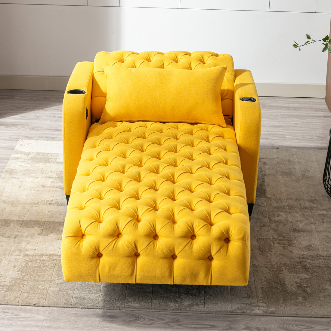 Coolmore Multifunctional Living Room Leisure Chaise Lounge Barry Tufted Comfy Armchair Wireless Charging, Smooth Reclining Backrest & Lumbar Pillow For Home Apartment Yellow Linen Yellow Foam Linen