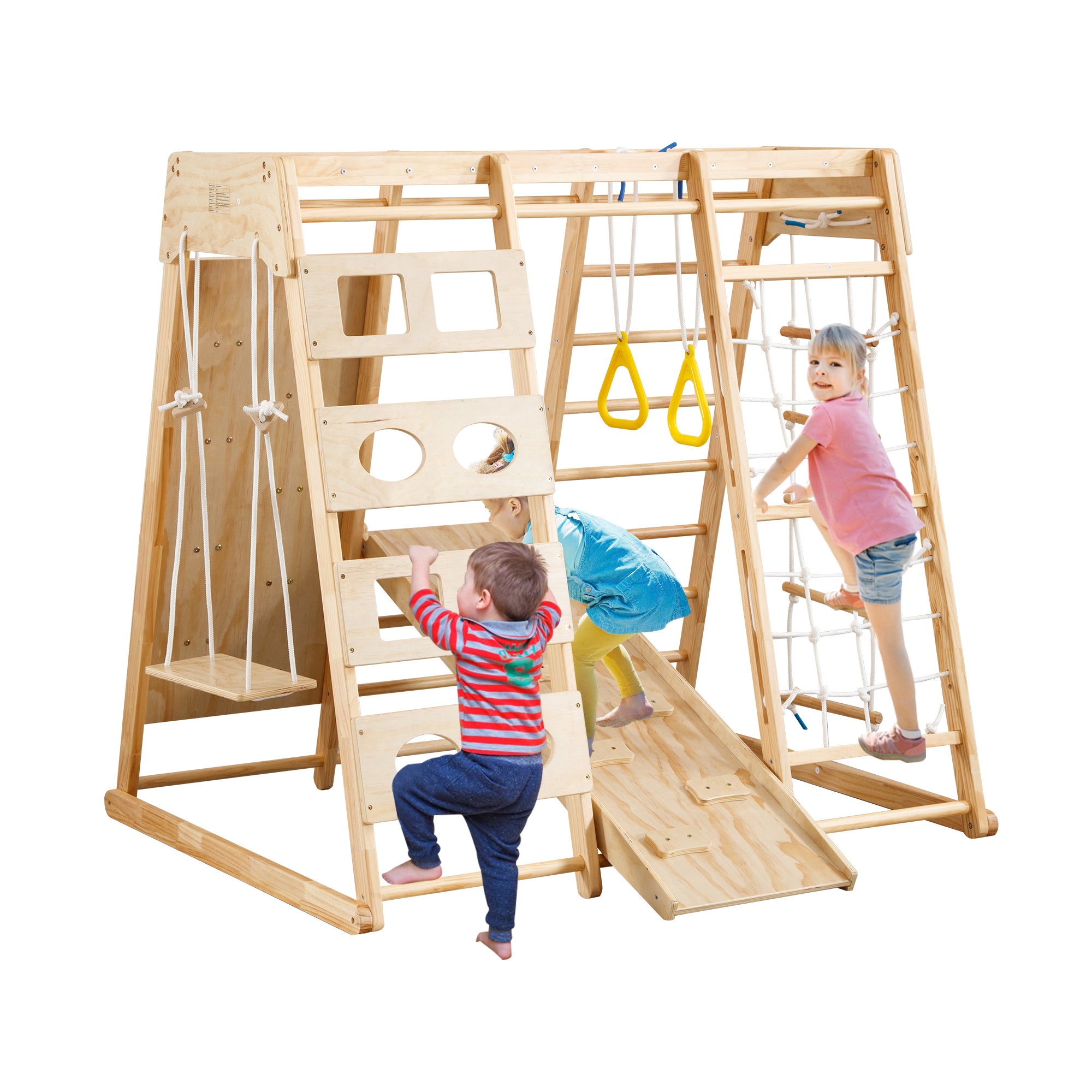 Toddler Indoor Wooden Gym 8 In 1 Indoor Playground Climbing Toy Set With Slide Swing Climbing Net Rings, Kids Indoor Playground Climbing Toys Natural Wood Wood Plastic