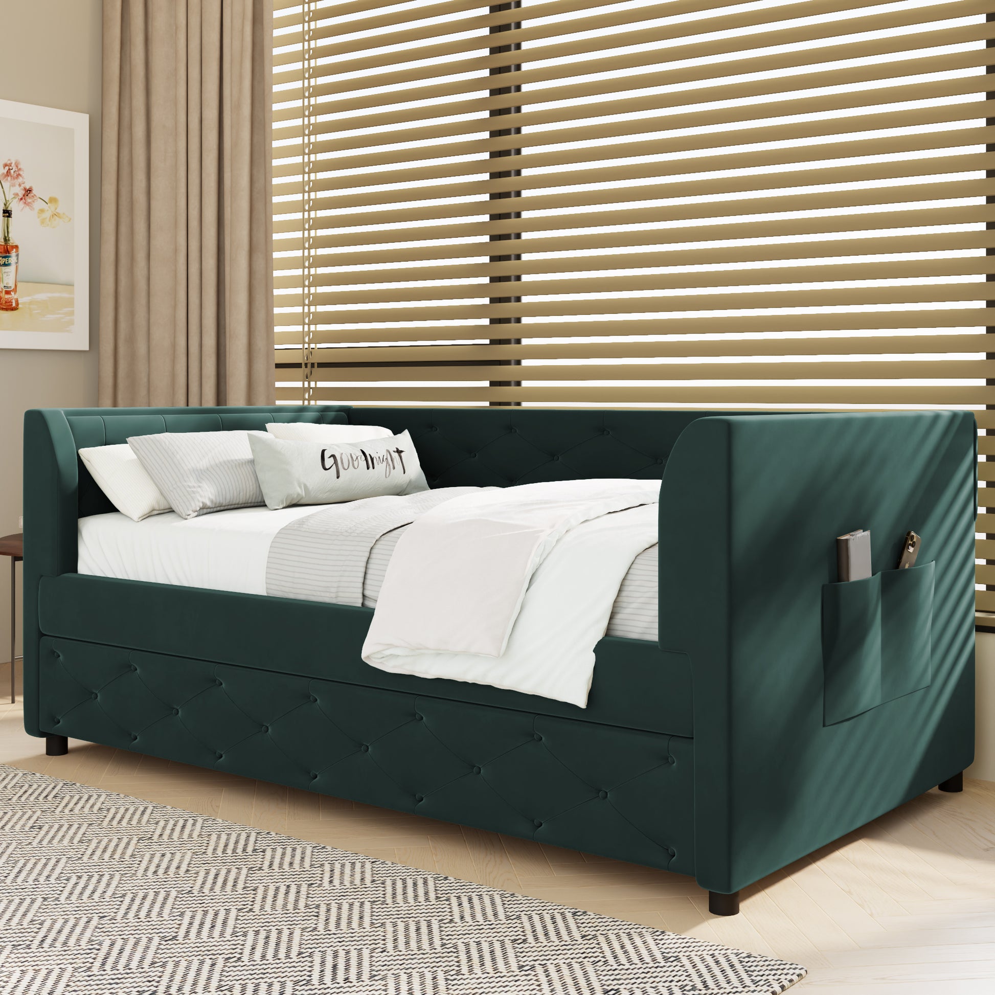 Twin Size Upholstered Velvet Tufted Daybed With Trundle, Green Box Spring Not Required Twin Green Wood Daybeds Velvet Solid Wood Mdf,Velvet