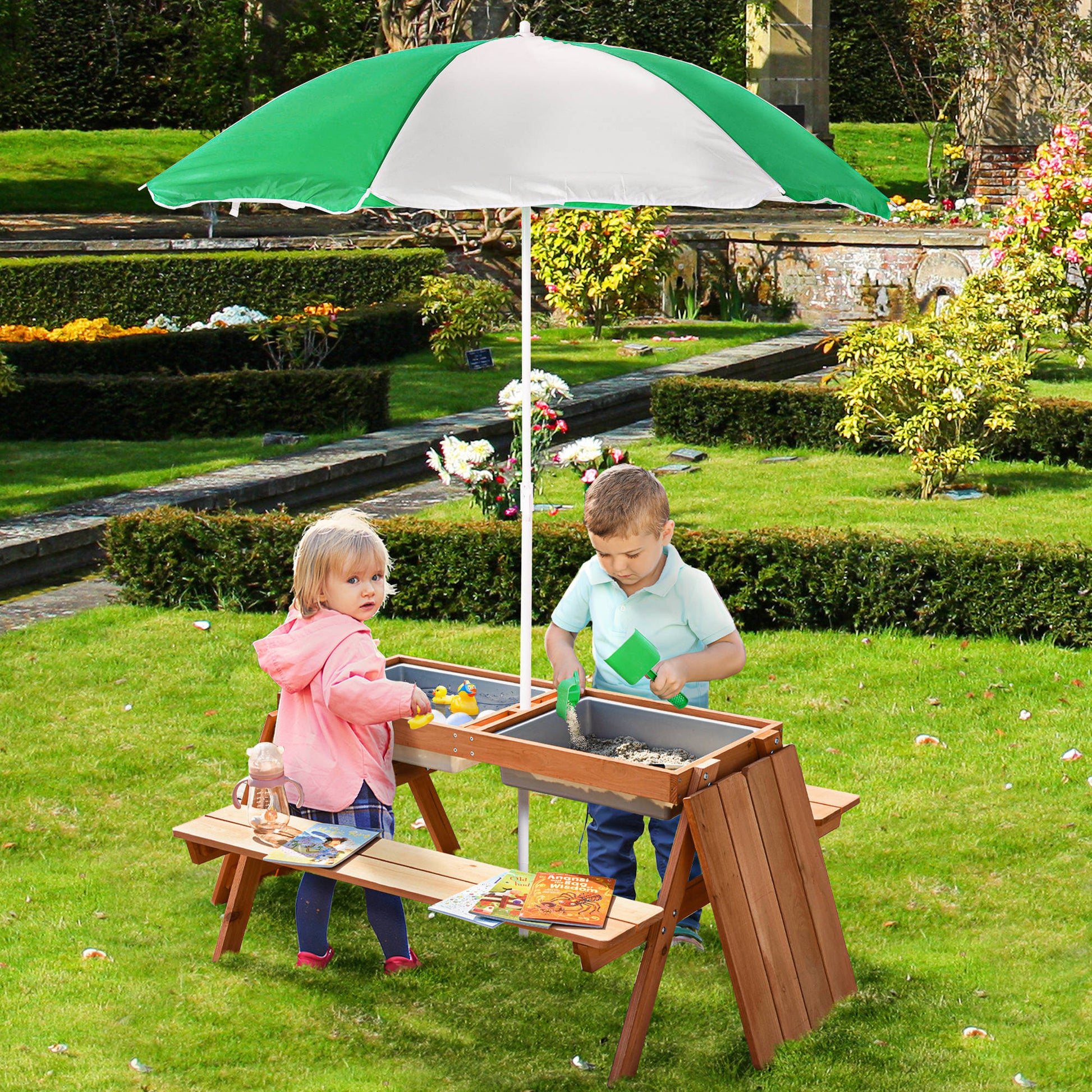 kids patio table with umbrella Outsunny Kids Picnic Table With Umbrella And Storage Inside, Sand And