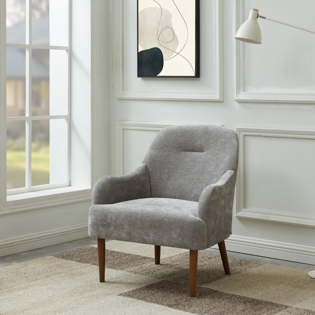 Chenille Armchair, Modern Style Accent Chair With Wood Legs, Comfy Design For Living Room, Bedroom, Office, Gray Gray Foam Wood Fabric