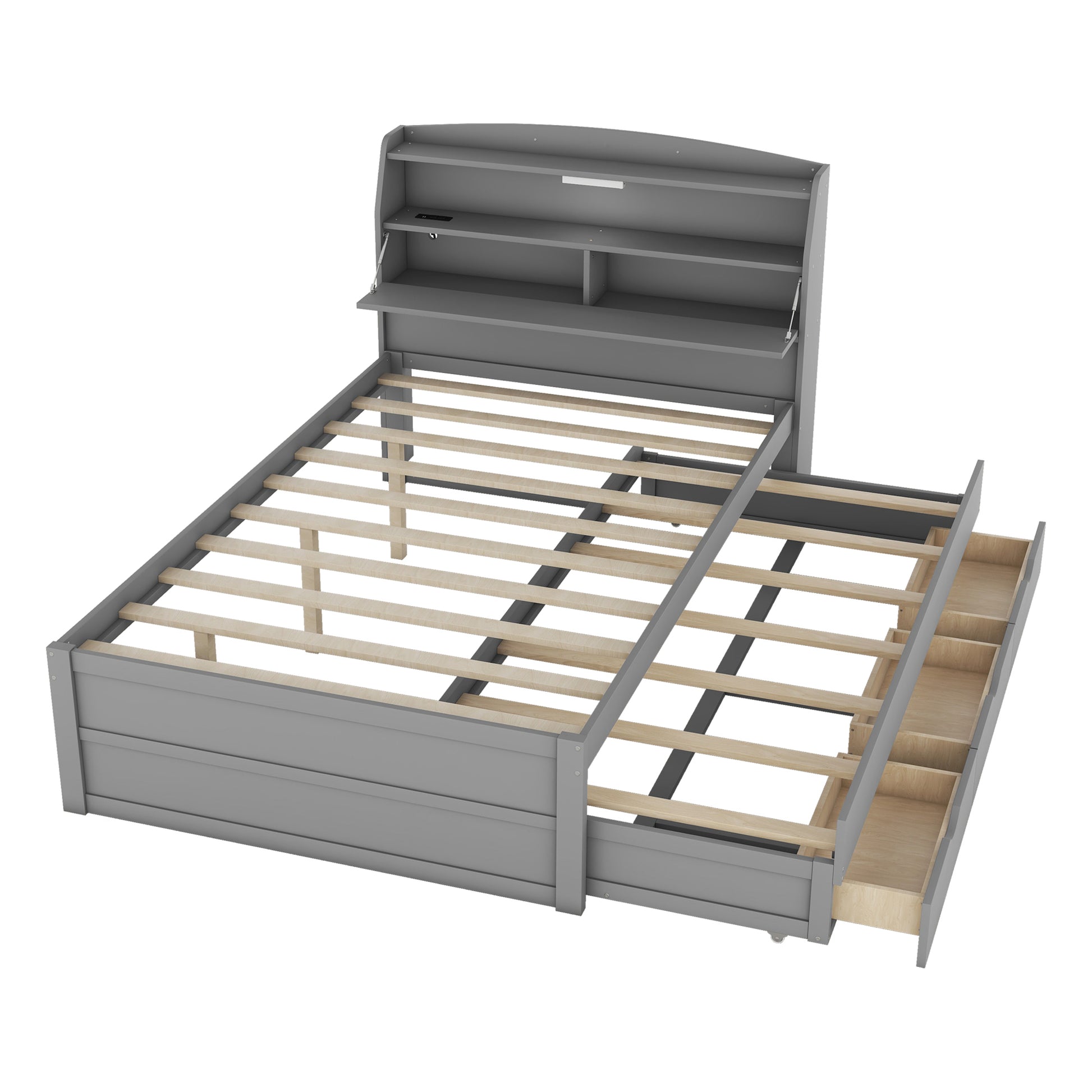 Full Size Wooden Led Platform Bed With Trundle, With Storage Headboard, With Drawers, Gray Full Gray Plywood