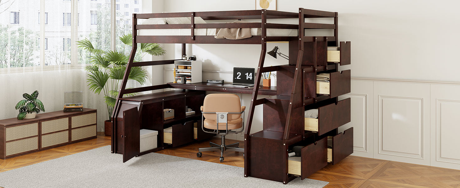 Full Size Loft Bed With 7 Drawers 2 Shelves And Desk Espresso Full Espresso Plywood