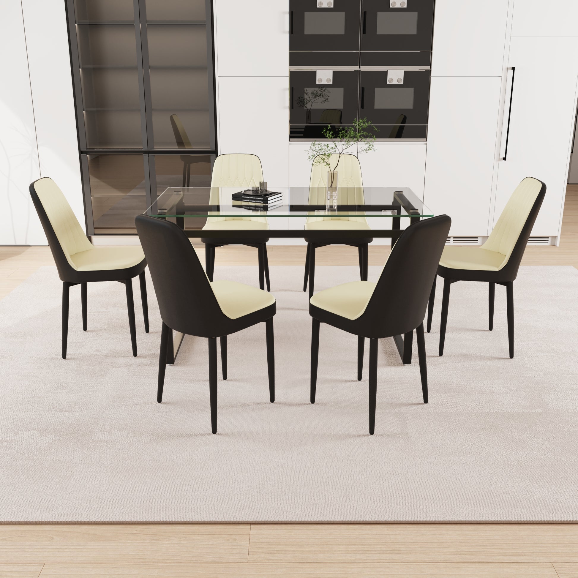 51" 6 Person Glass Dining Table Set, Kitchen Set With Black Metal Leg Dining Table And Chairs, Modern Rectangular Tempered Glass Tabletop And Dining Room Thick Cushioned Pu Dining Chair Beige Black