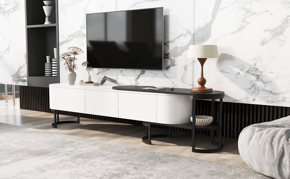 67.7'' 76.4'' Modern Extendable Tv Stand For Tvs Up To 75 Inches, Entertainment Center Media Console With 3 Drawers, Metal Adjustable Legs For Living Room White Black 70 79 Inches Particle Board Mdf