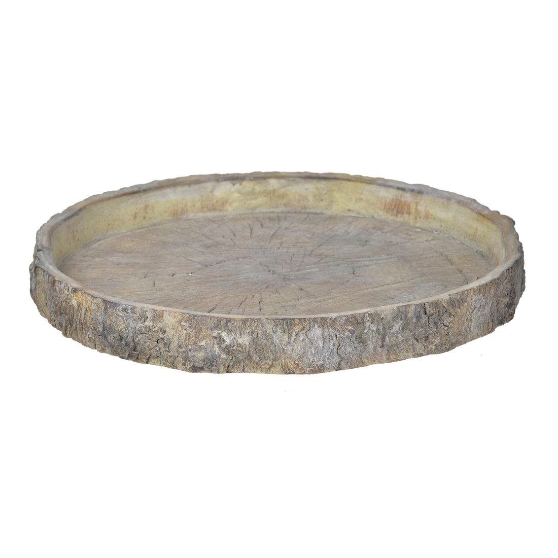 Round Shape Cemented Log Plate With Distressed Details, Gray Gray Cement