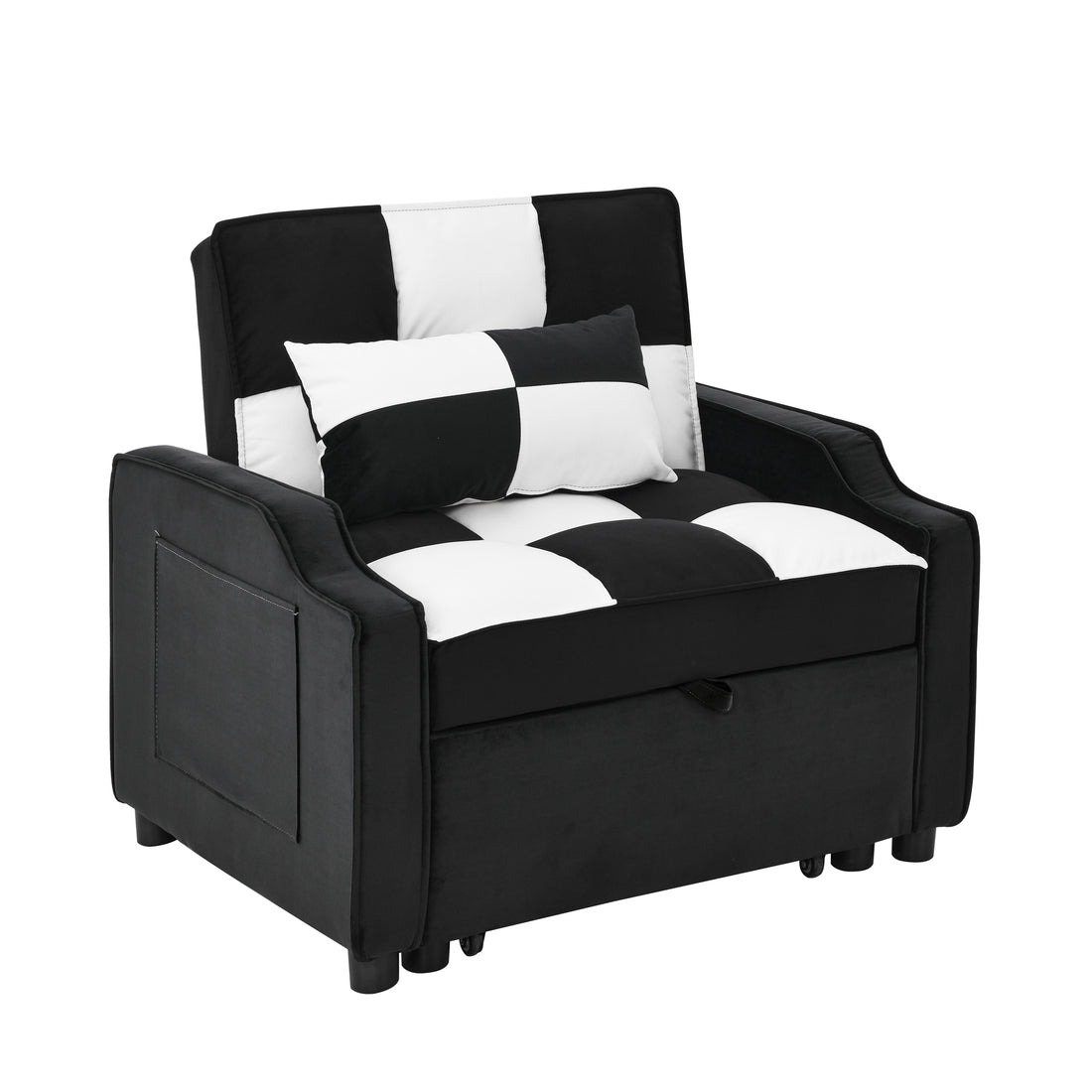 Modern Velvet Armchair Sofa Couch Pull Out Bed,3 In One Convertible For Living Room Sofa Bed,Black White Black White Velvet Primary Living Space Cushion Back Medium Soft Medium Duty American Design Pillow Top Arms Foam Velvet 1 Seat
