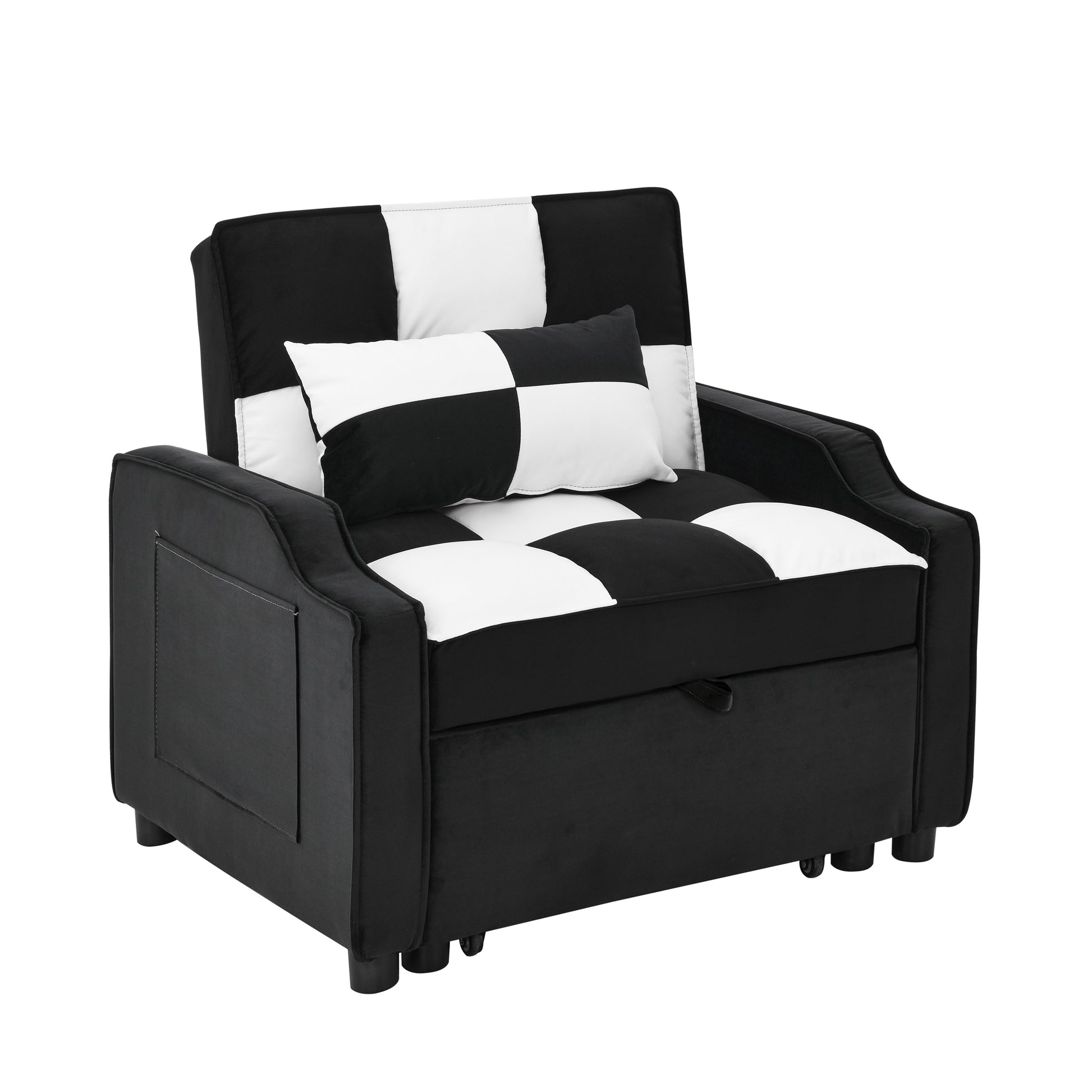Modern Velvet Armchair Sofa Couch Pull Out Bed,3 In One Convertible For Living Room Sofa Bed,Black White Black White Velvet Primary Living Space Cushion Back Medium Soft Medium Duty American Design Pillow Top Arms Foam Velvet 1 Seat