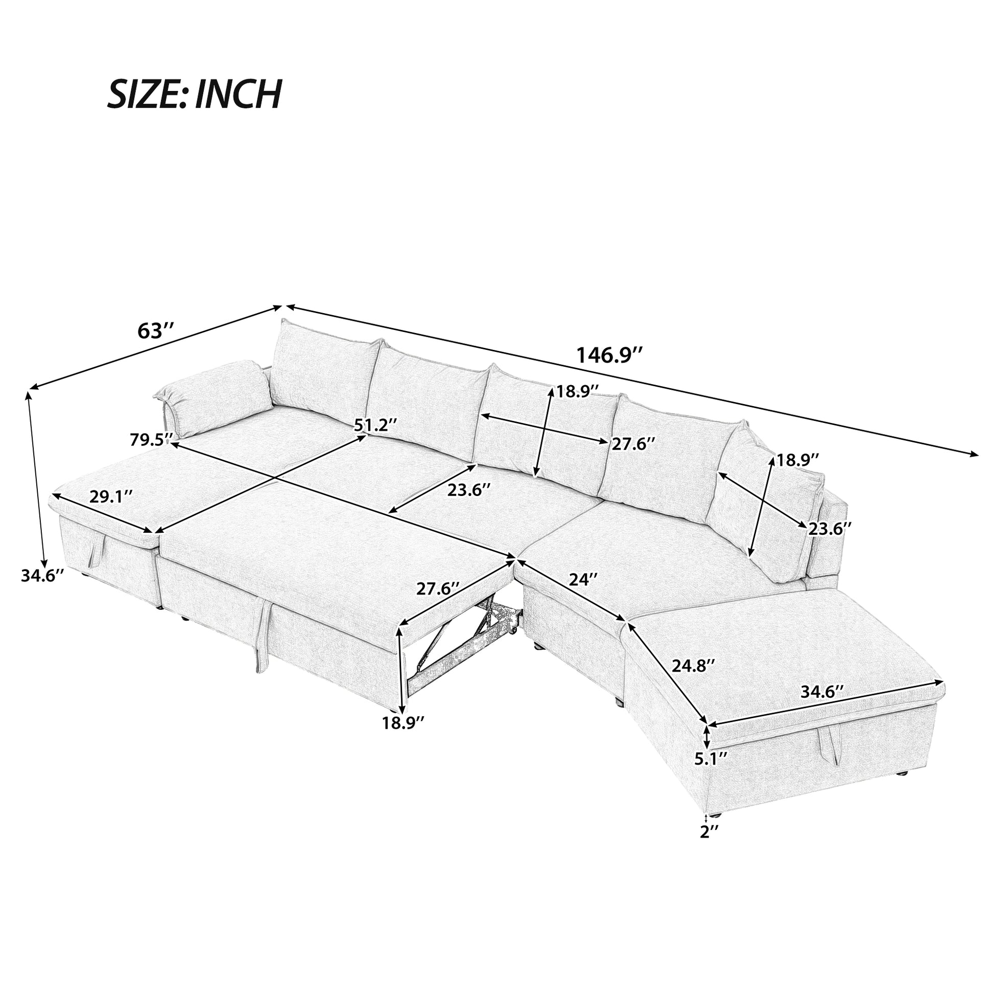 146.9" L Shaped Sofa Sectional Sofa Couch Pull Out Sofa Bed With A Movable Storage Ottoman, A Storage Chaise Lounge And Two Usb Ports For Living Room, Grey Grey Foam Linen 5 Seat