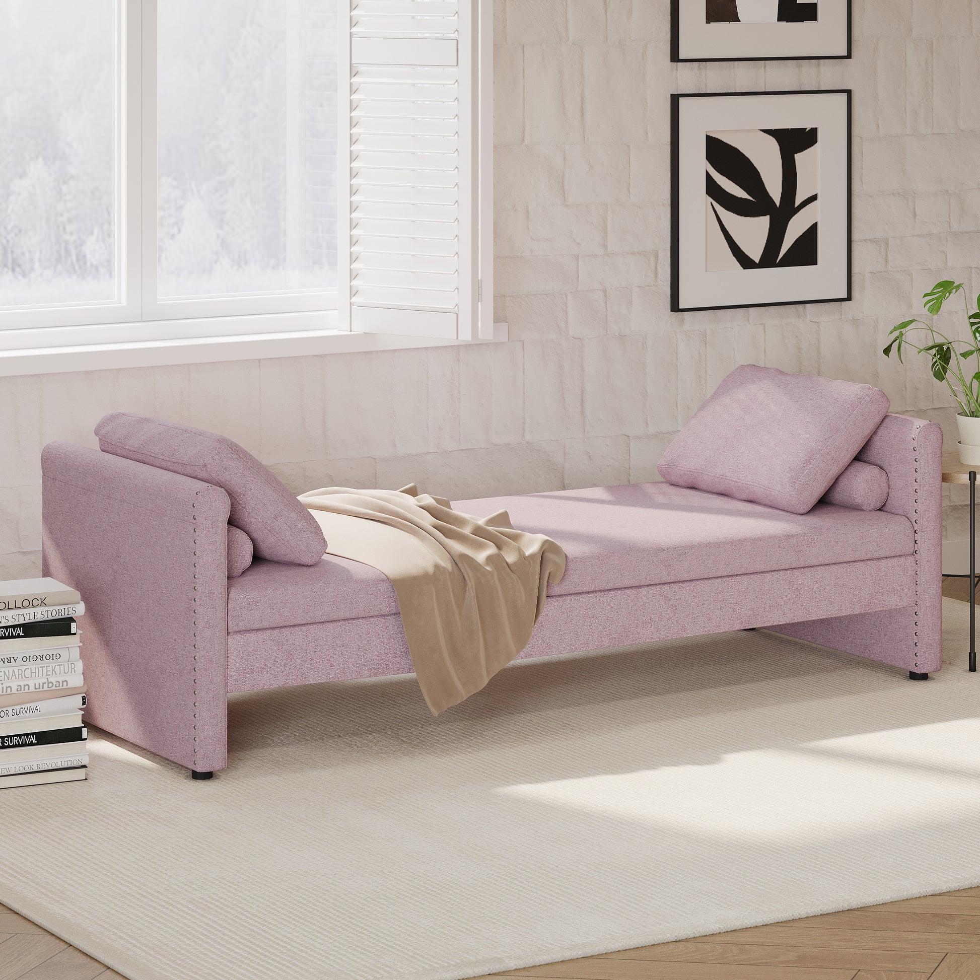 Modern Upholstered Chaise Lounger Daybed With Pillows Small Single Daybed, No Mattress Needed, Perfect For Living Rooms & Home Office,Linen Fabric, Pink Pink Linen