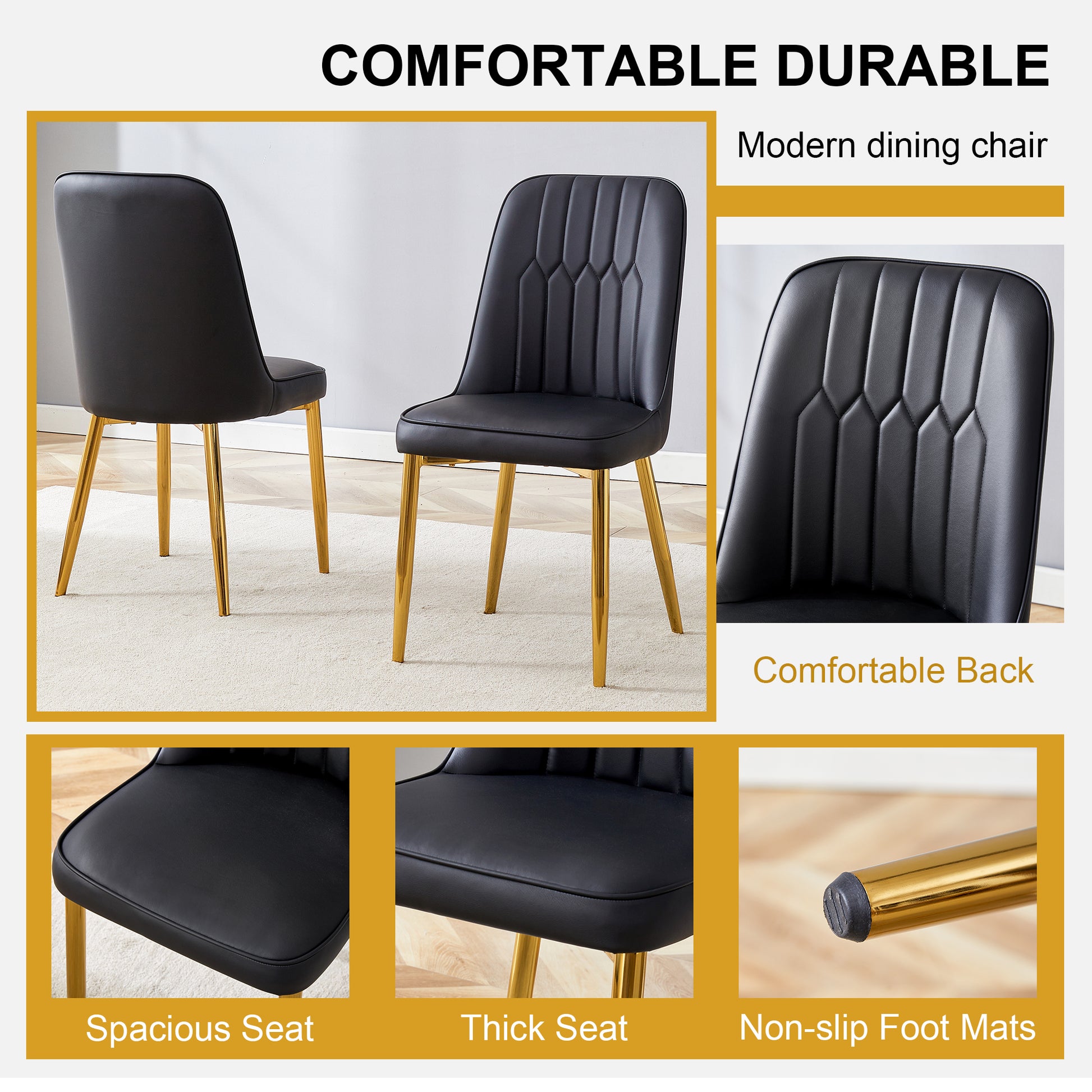 2 Modern Dining Chairs, Sleek Pu Leather Backrest, And Gold Metal Legs Bring A Comfortable Home Experience To The Kitchen, Bedroom, And Office. Black Pu