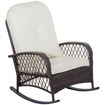 Outsunny Outdoor Wicker Rocking Chair With Wide Seat, Thick, Soft Cushion, Rattan Rocker W Steel Frame, High Weight Capacity For Patio, Garden, Backyard, Cream White Cream White Polyester