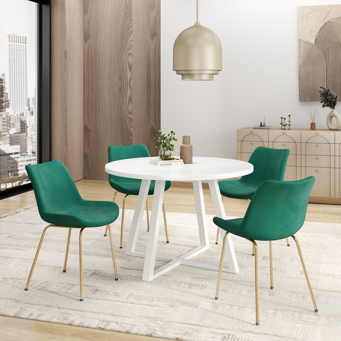 Avant 5 Piece Round Dining Set, Trestle Dining Table With 4 Side Chairs White Wood Dining Room Solid Wood Rubberwood Round Dining Table With Chair Wood Wood White Green Slat Back Seats 4 Contemporary,Modern Round Trestle Solid Wood Mdf Wood Metal