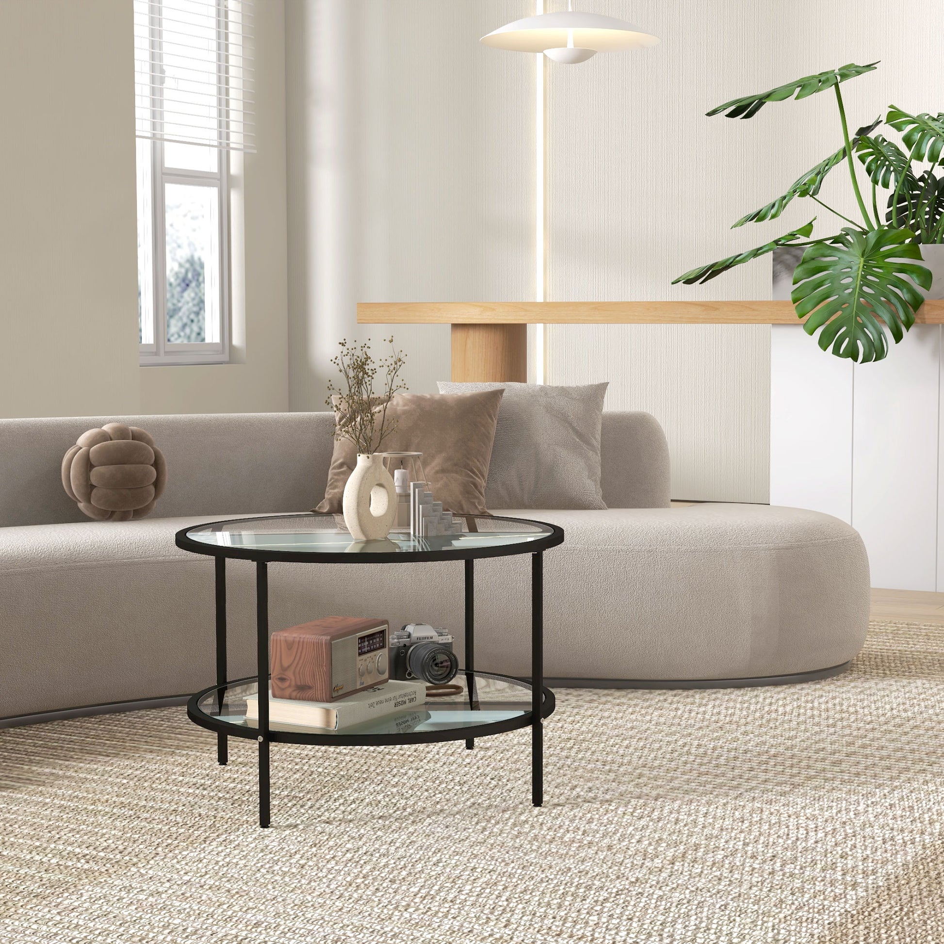 Homcom Side Table With Storage, 26" Round End Table, 2 Tier Tempered Glass Coffee Table With Steel Frame For Living Room, Black Black Glass Metal