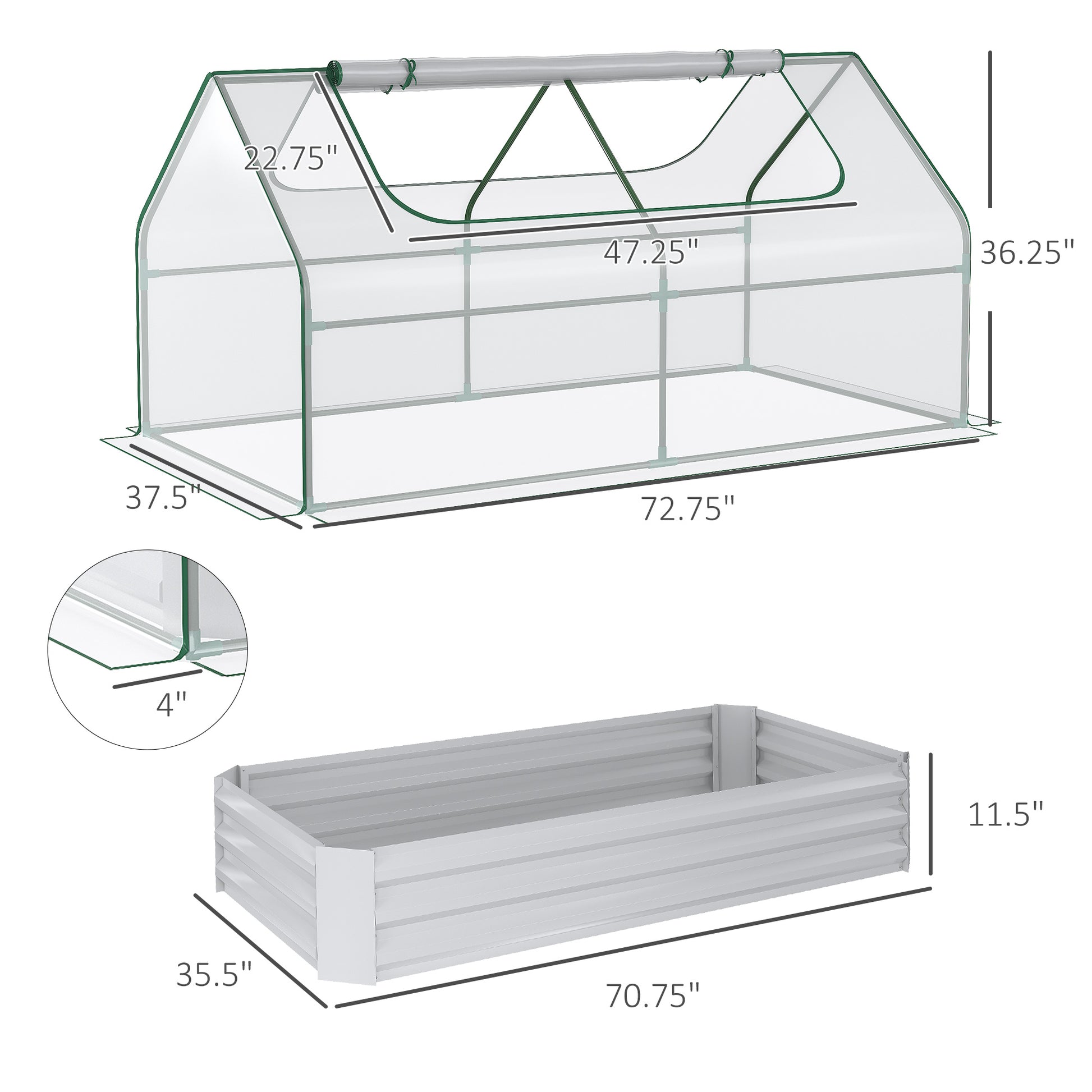 Outsunny 6' X 3' Galvanized Raised Garden Bed With Mini Pvc Greenhouse Cover, Outdoor Metal Planter Box With 2 Roll Up Windows For Growing Flowers, Fruits, Vegetables And Herbs, Light Gray Light Grey Plastic