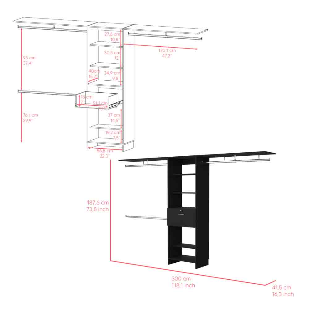 Closet System Ashland, Bedroom, Black Black Particle Board Particle Board