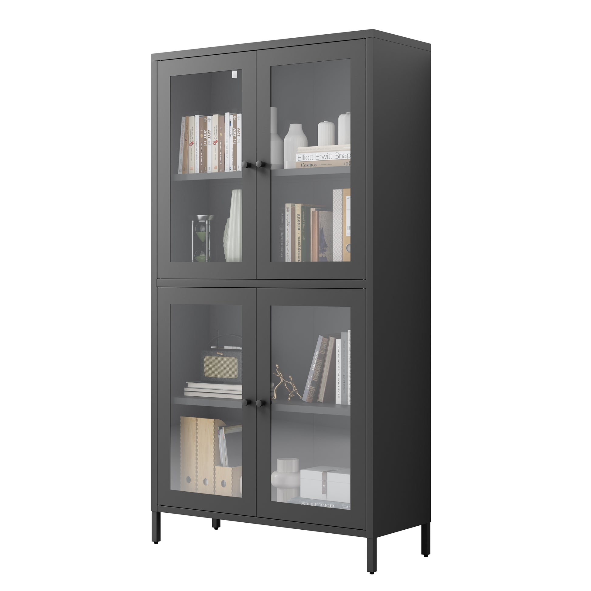 Classic Metal Storage Cabinet Display Cabinet With 4 Glass Doors 4 Shelves Cabinet Bookcase Side Cabinet For Home Office Living Room Kitchen Hallway Black, Flat Tempered Glass Freestanding 3 4 Shelves Glass Pane Black Study Glass Doors Classic Steel