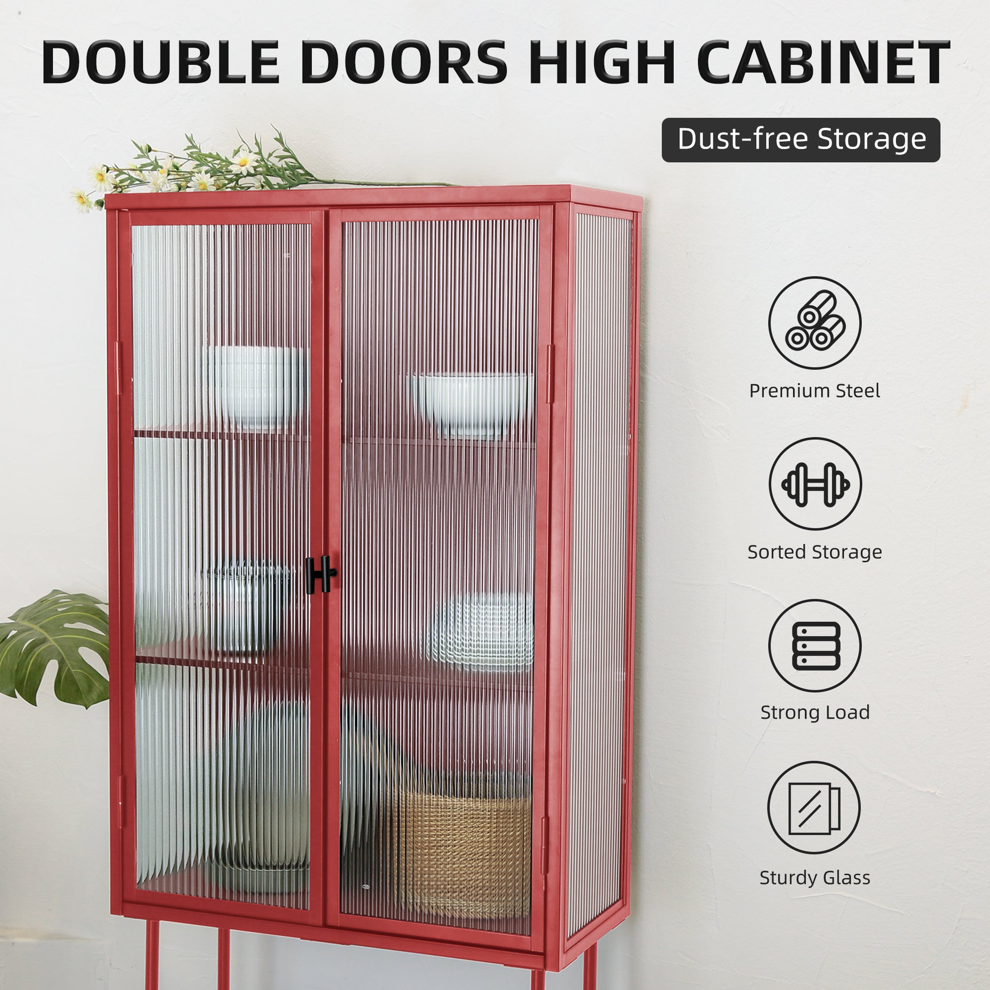 Retro Style Red Tall Freestanding Display Cupboard Stylish Fluted Glass Storage Cabinet With Glass Doors Three Detachable Shelves Bottom Space For Office Dining Room Living Room Old Sku:W68751710 Red Steel