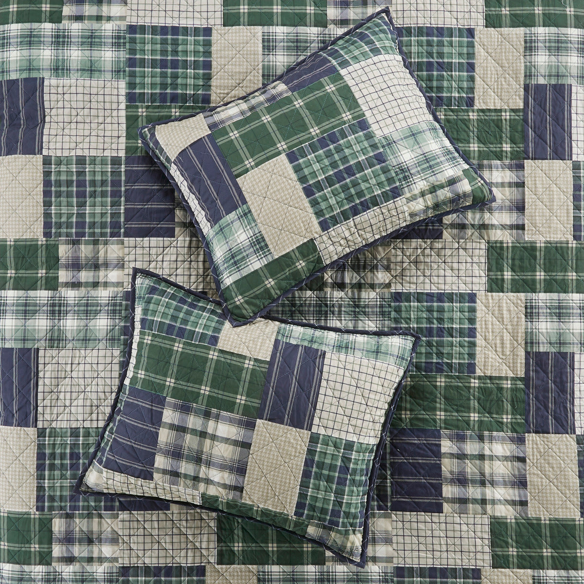 3 Piece Reversible Printed Quilt Set Green Navy Full Queen Green Navy Microfiber