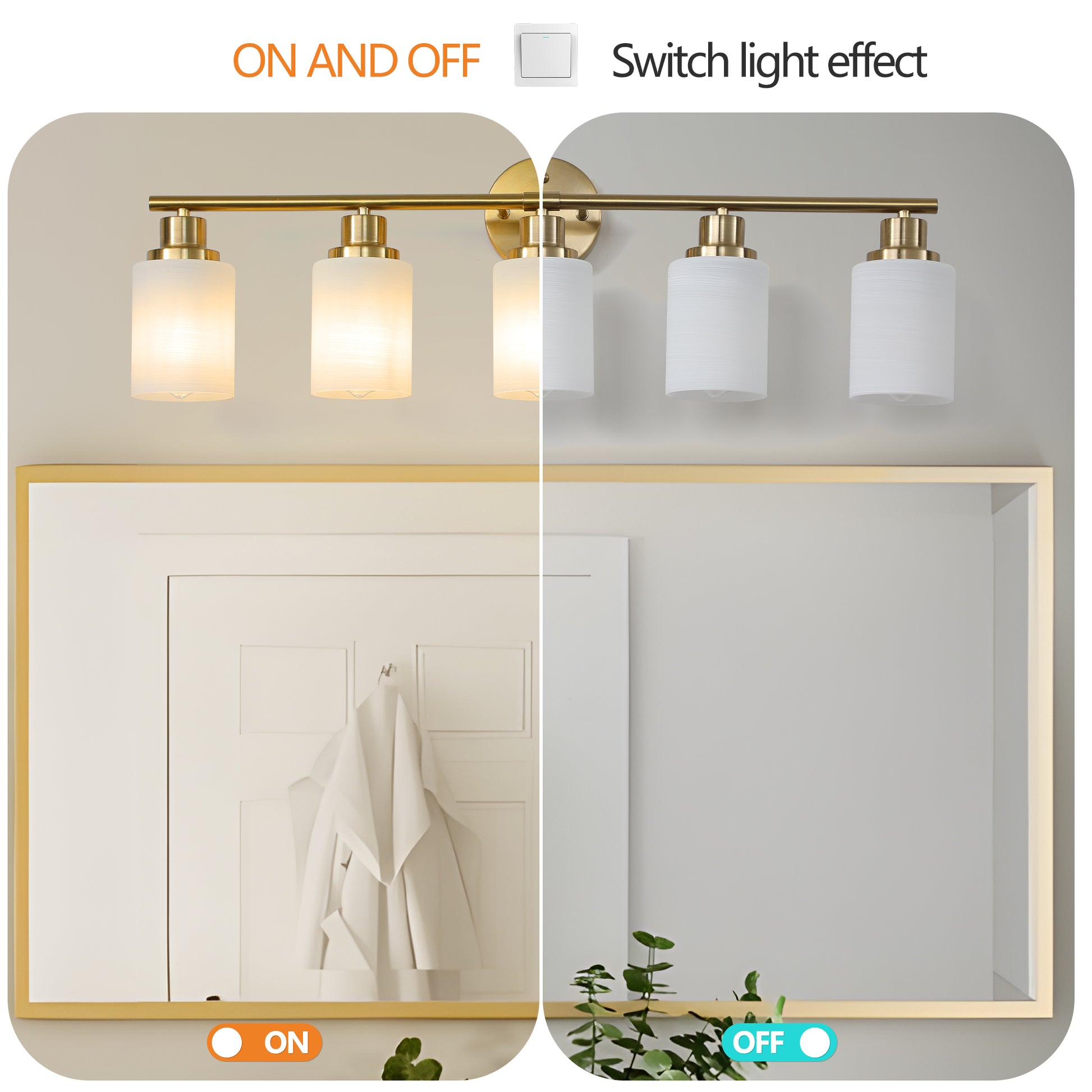 5 Light Golden Bathroom Vanity Light Fixture, Frosted Glass Shades, Modern Wall Mounted Lighting No Bulbs Golden Glass Iron