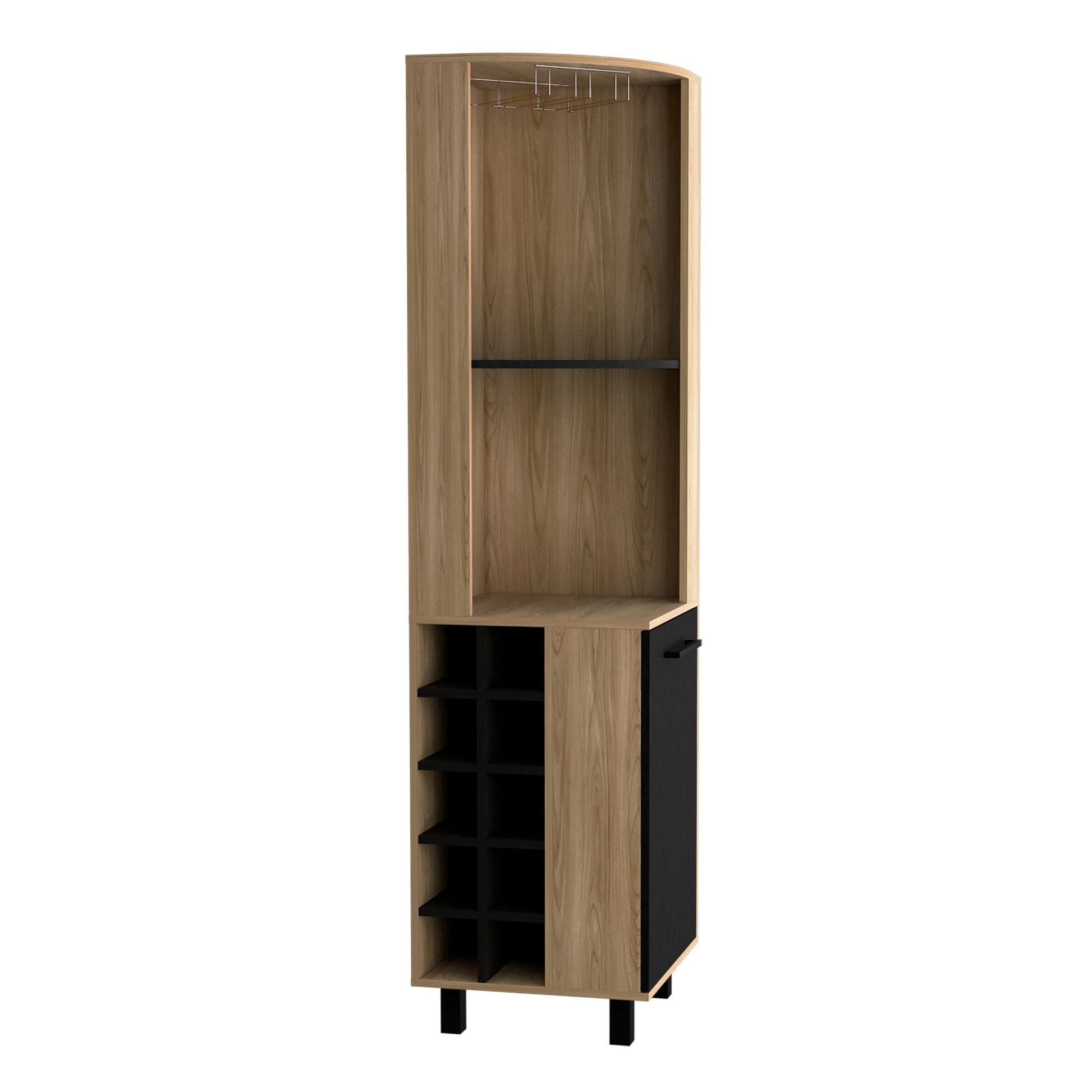 Kaia 70" Tall Corner Bar Cabinet With Four Shelves, Ten Wine Bottle Cubbies And Stemware In Natural Oak Black Light Oak Kitchen Modern Particle Board