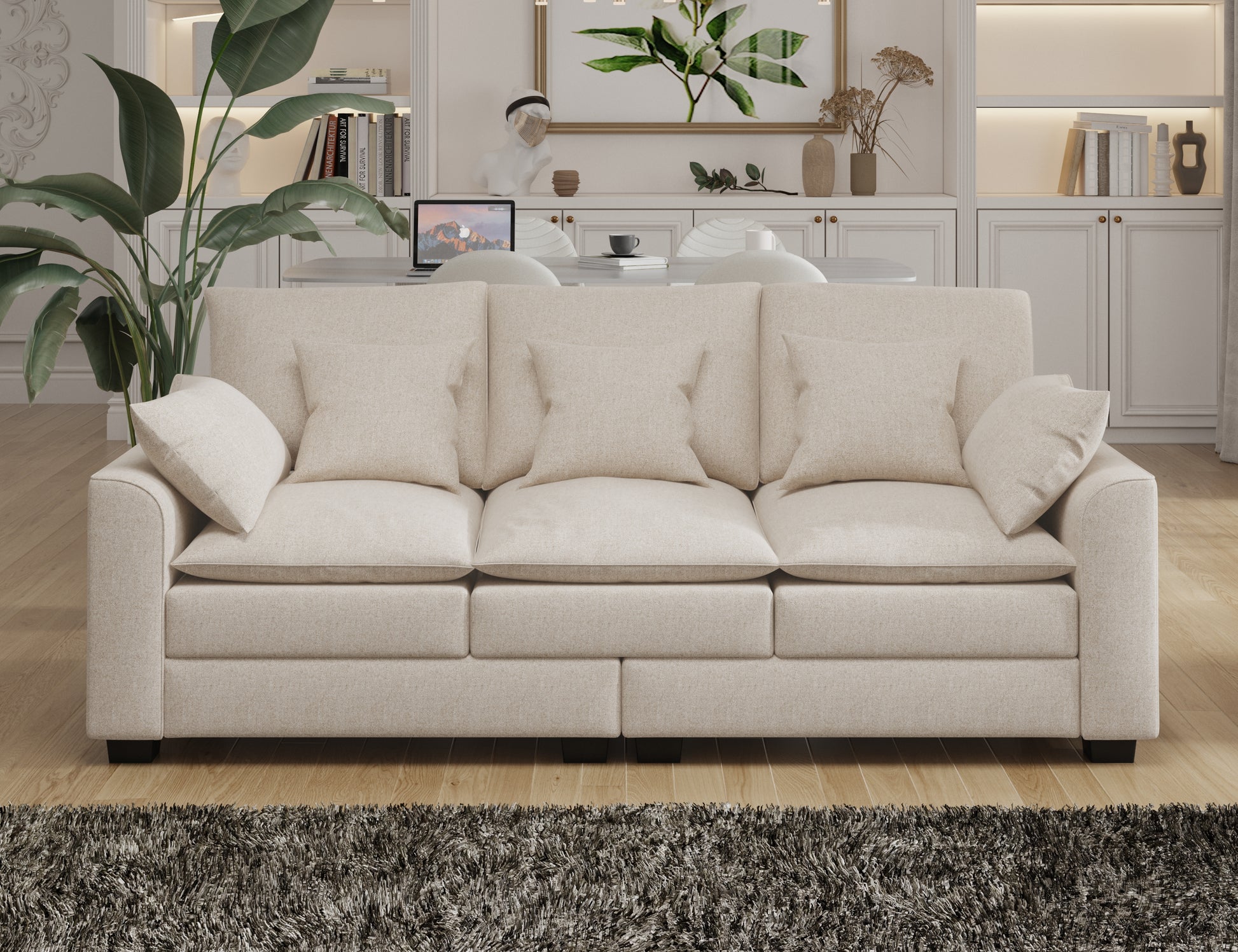 78.7" Sofa Couch 3 Seater Sofa With Pillows Polyester Upholstery Duck Down Filled Cushion Sofa For Living Room Apartment,Beige Beige Polyester Wood Primary Living Space Soft Cushion Back Foam Polyester 3 Seat