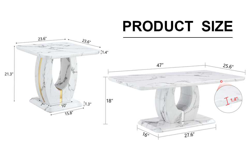 Modern Minimalist White Mdf Coffee Table Set Square Rectangular White,Mdf Coffee Table,White Marble Pattern,Side Table. White Mdf