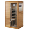 Red Cedar Mini One Person Far Infrared Glass Door On The Right Of The Indoor Sauna Room Natural Wood Caramel Metal & Wood