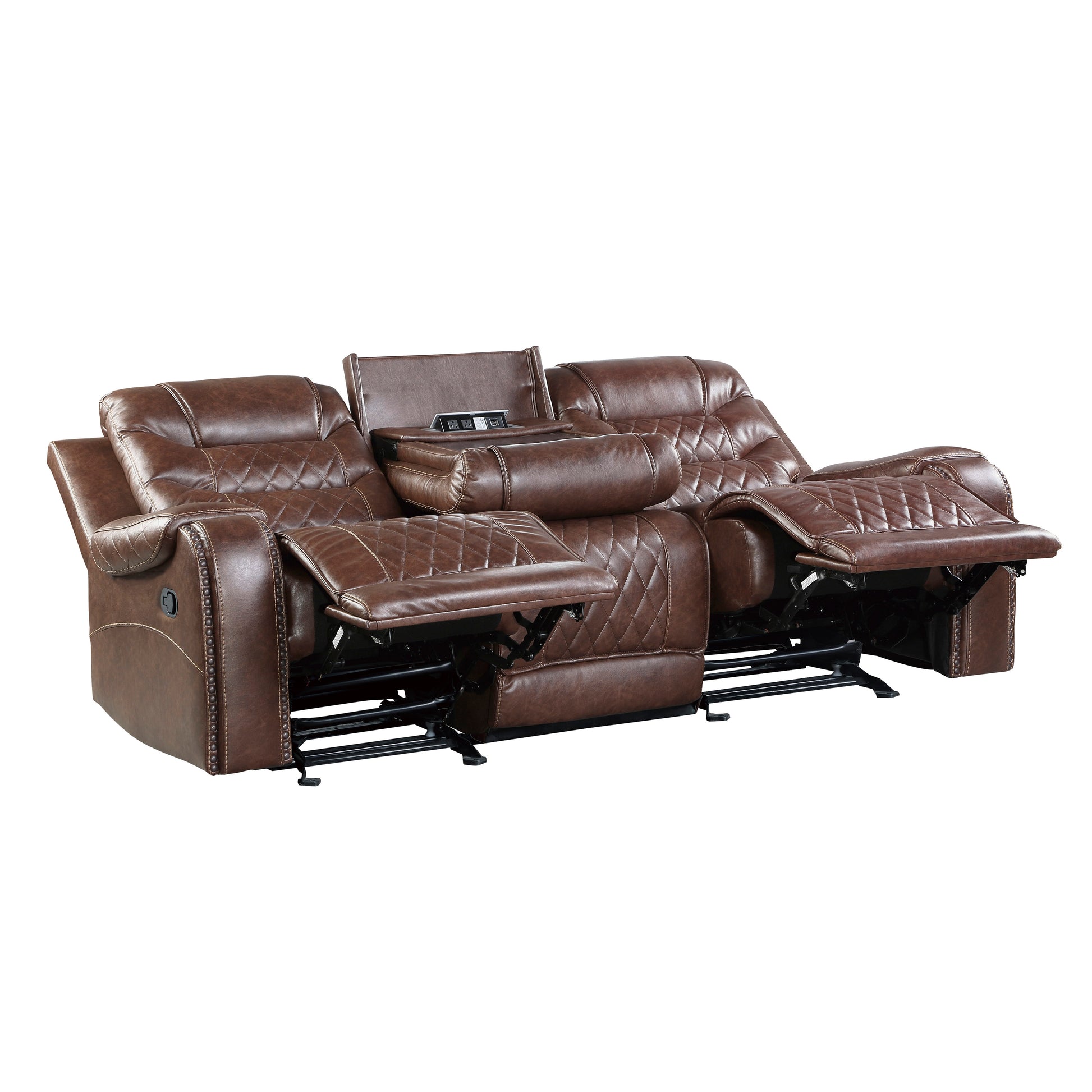 Luxurious Living Room Furniture 2Pc Reclining Sofa Set Brownfaux Leather Upholstery Center Drop Down Cup Holders, Power Outlets, Usb Ports, Diamond Pattern Stitching Brown Faux Leather Wood Primary Living Space Luxury,Modern Solid Wood 5 Seat