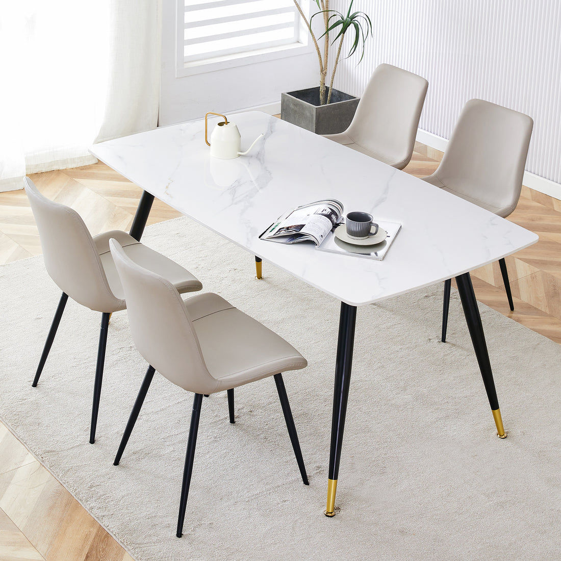 Table And Chair Set, White Imitation Marble Texture Rock Board Table Top, Black Metal Table Legs, Stable And Beautiful. Modern Simple Dining Table, Comfortable Seating. White Gray Seats 4 Metal